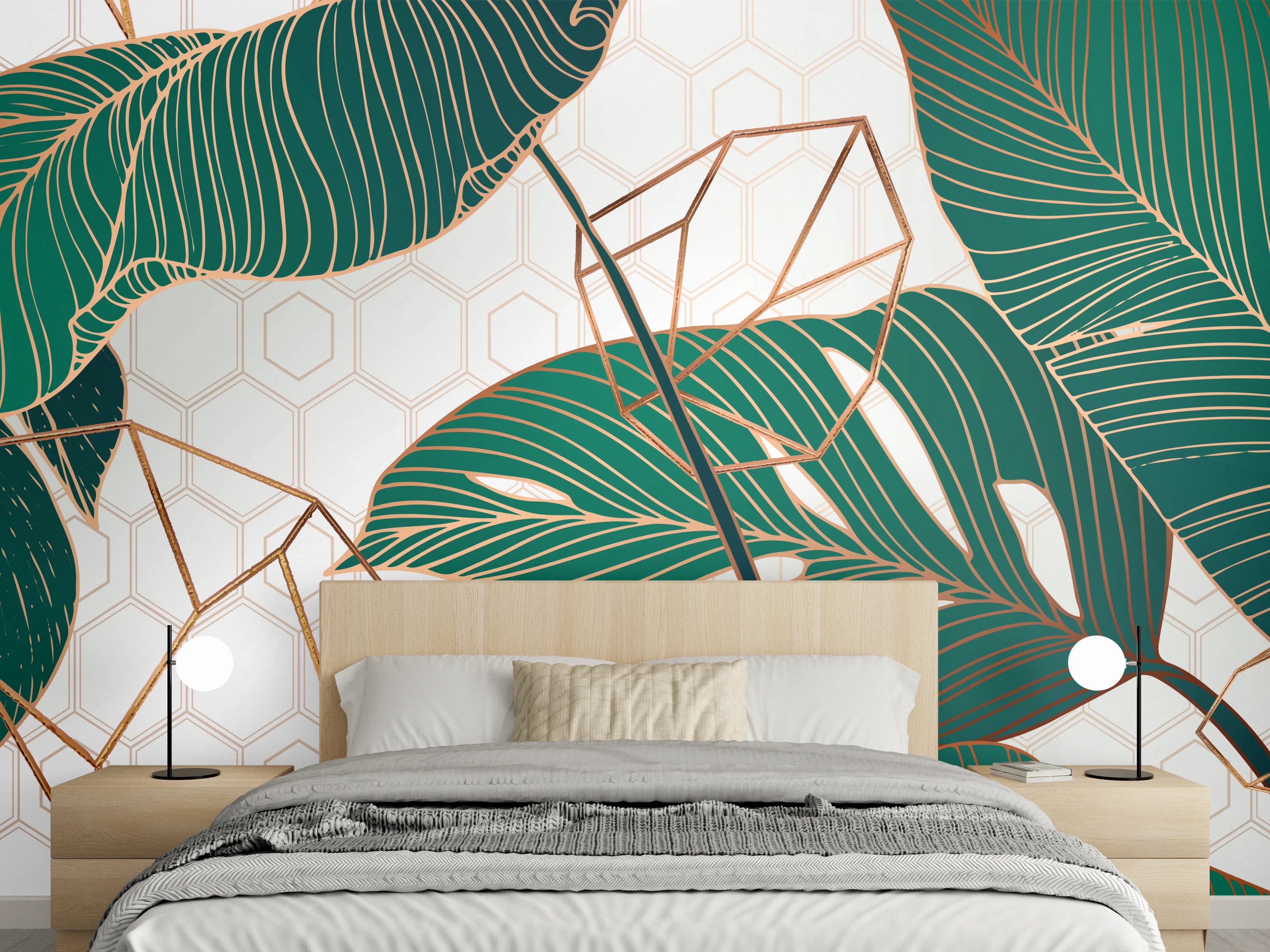 Wandverkleidung Schlafzimmer - Grün-Weißes Blattmuster Design