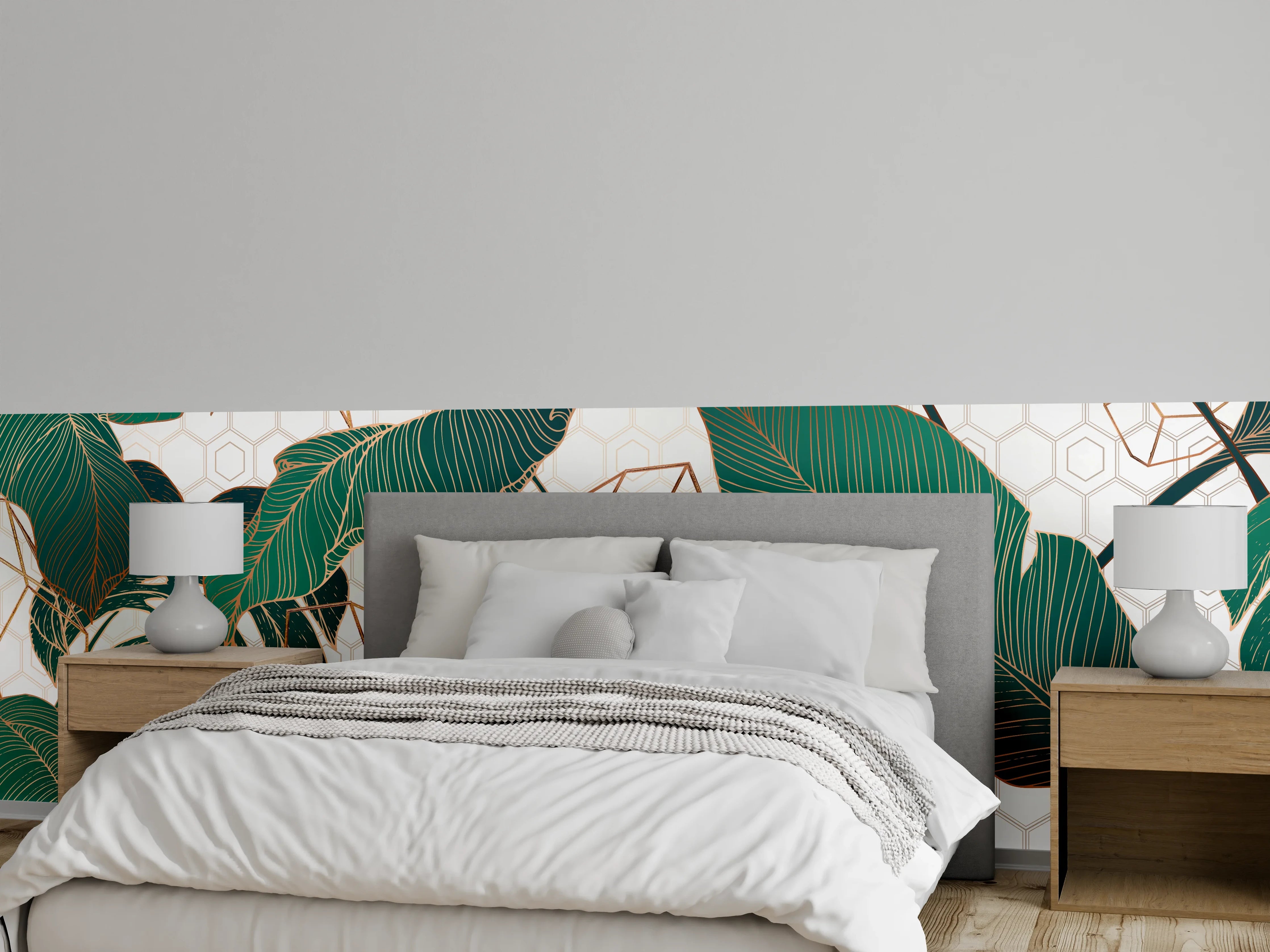 Wandverkleidung Schlafzimmer - Grün-Weißes Blattmuster Design