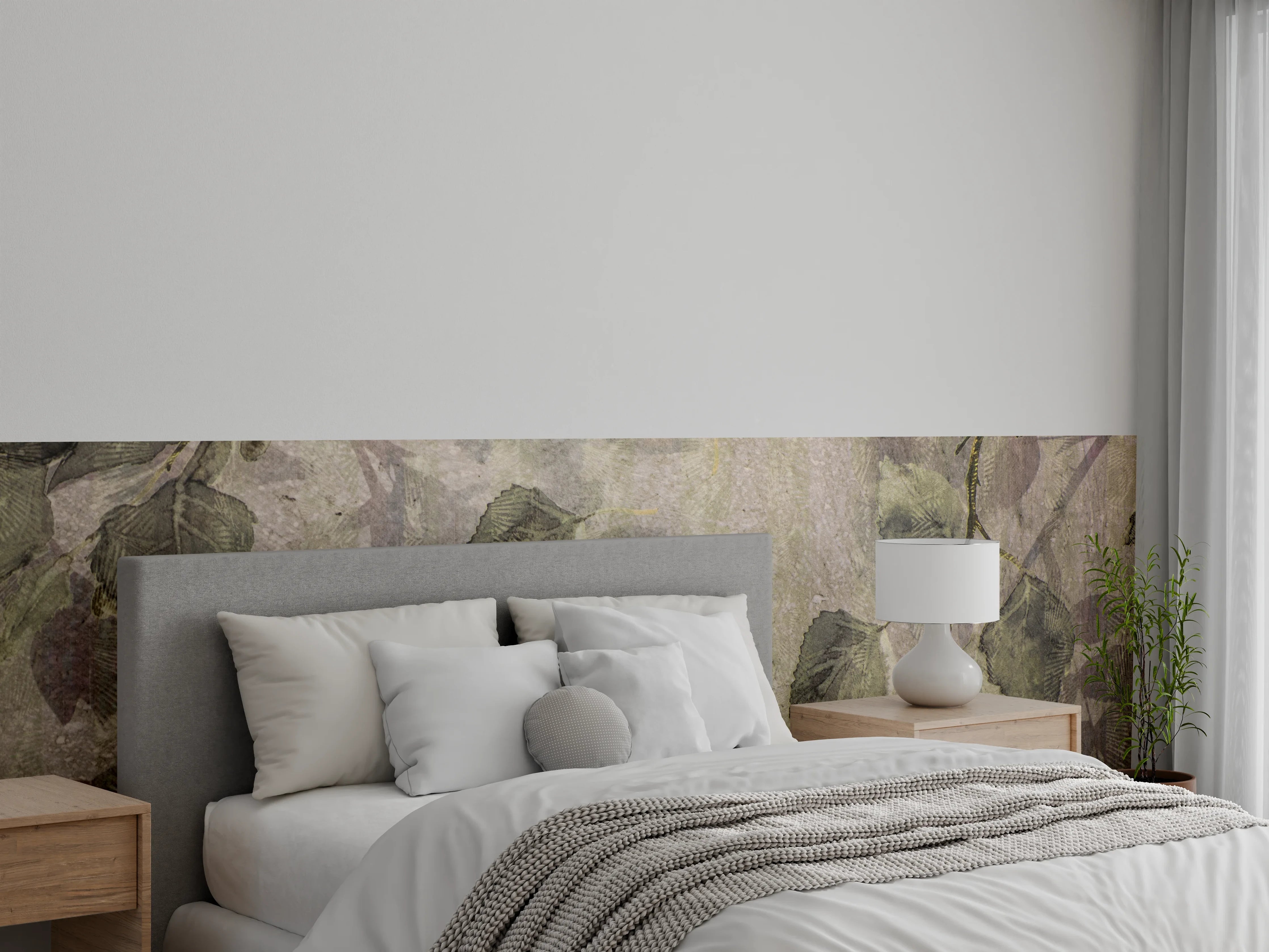 Wandverkleidung Schlafzimmer - Grüne Blätter auf pastellgrauem Hintergrund
