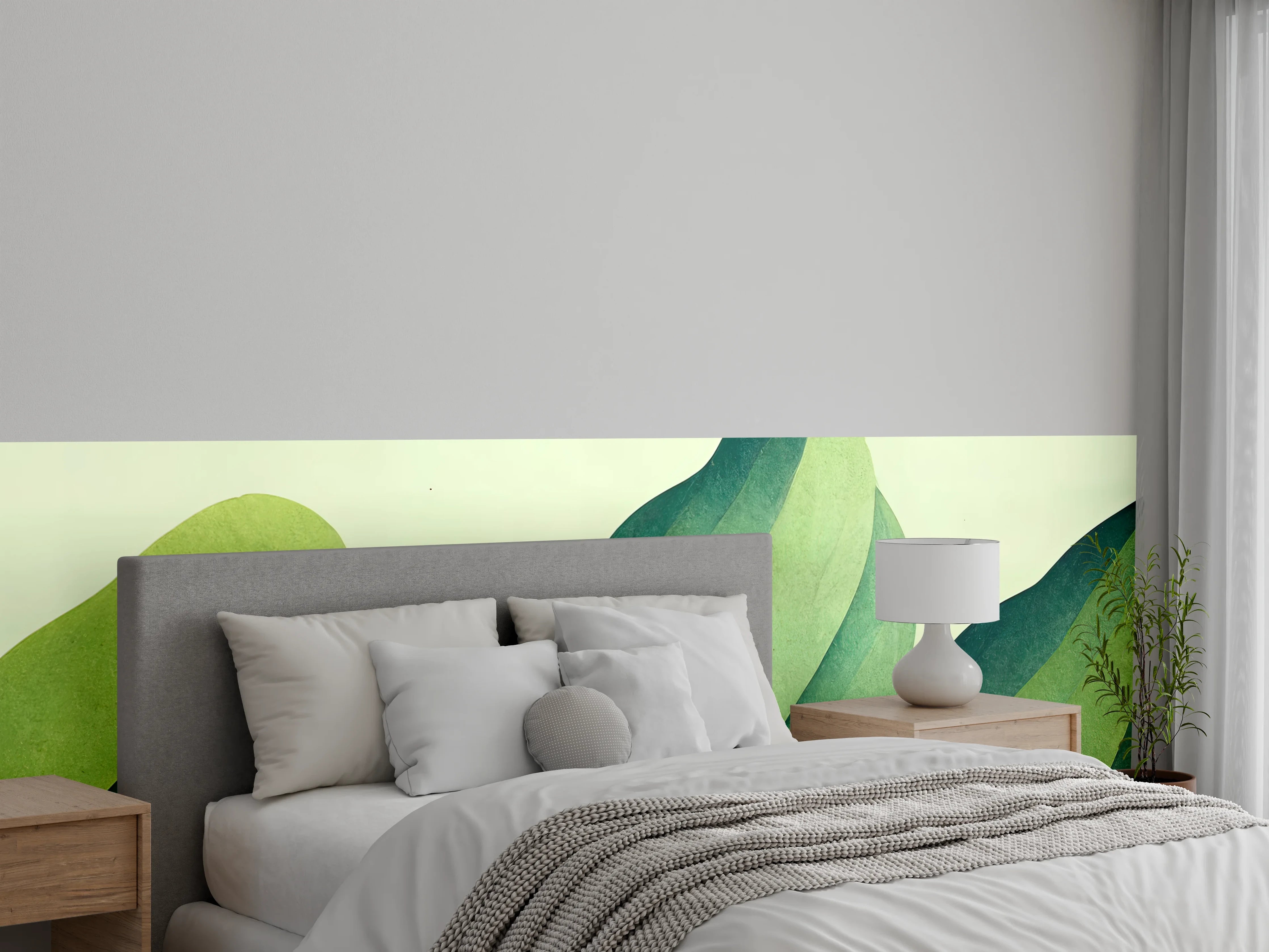 Wandverkleidung Schlafzimmer - Grüne Blätter in Aquarellstil mit sanften Grüntönen