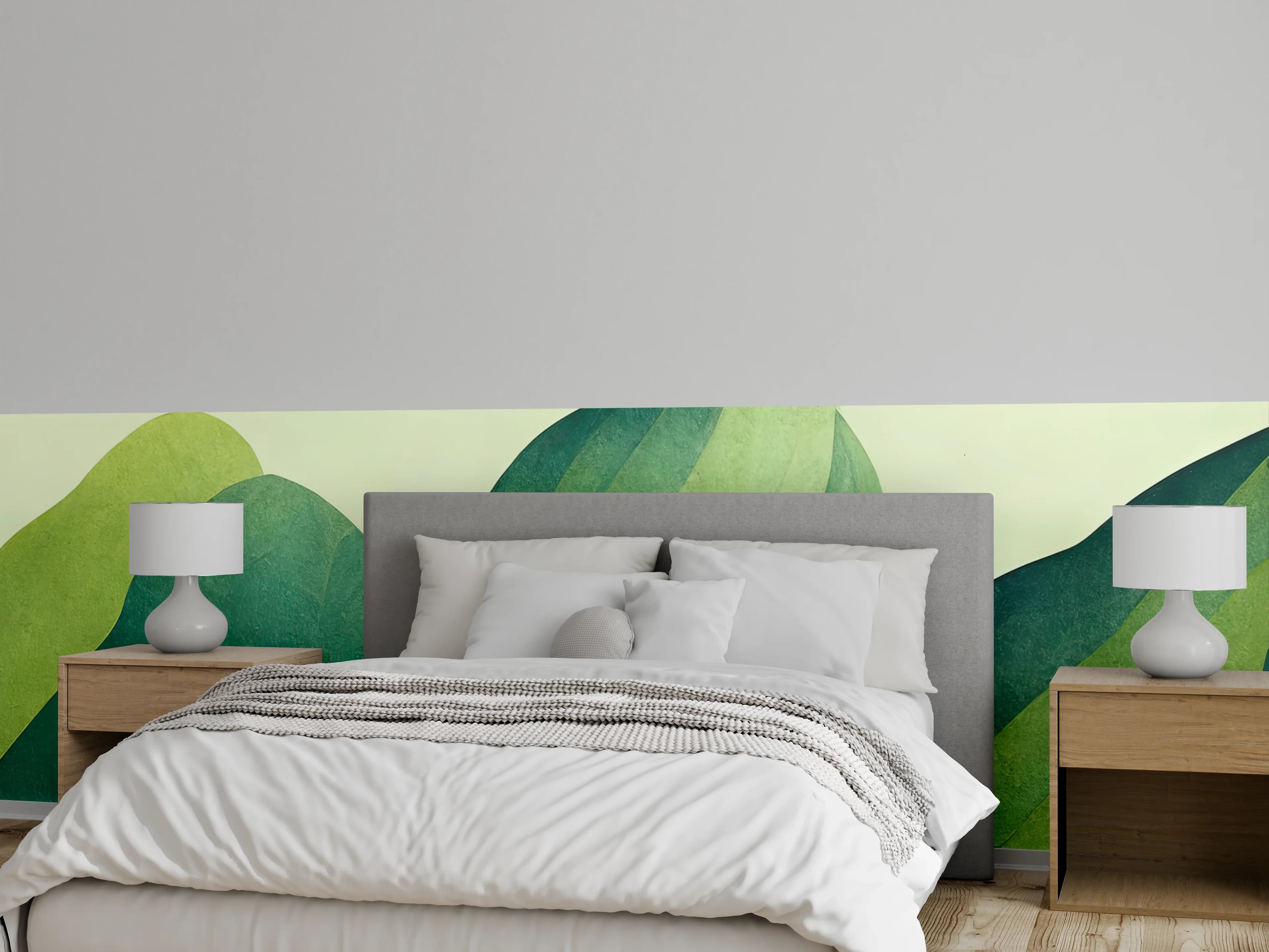 Wandverkleidung Schlafzimmer - Grüne Blätter in Aquarellstil mit sanften Grüntönen