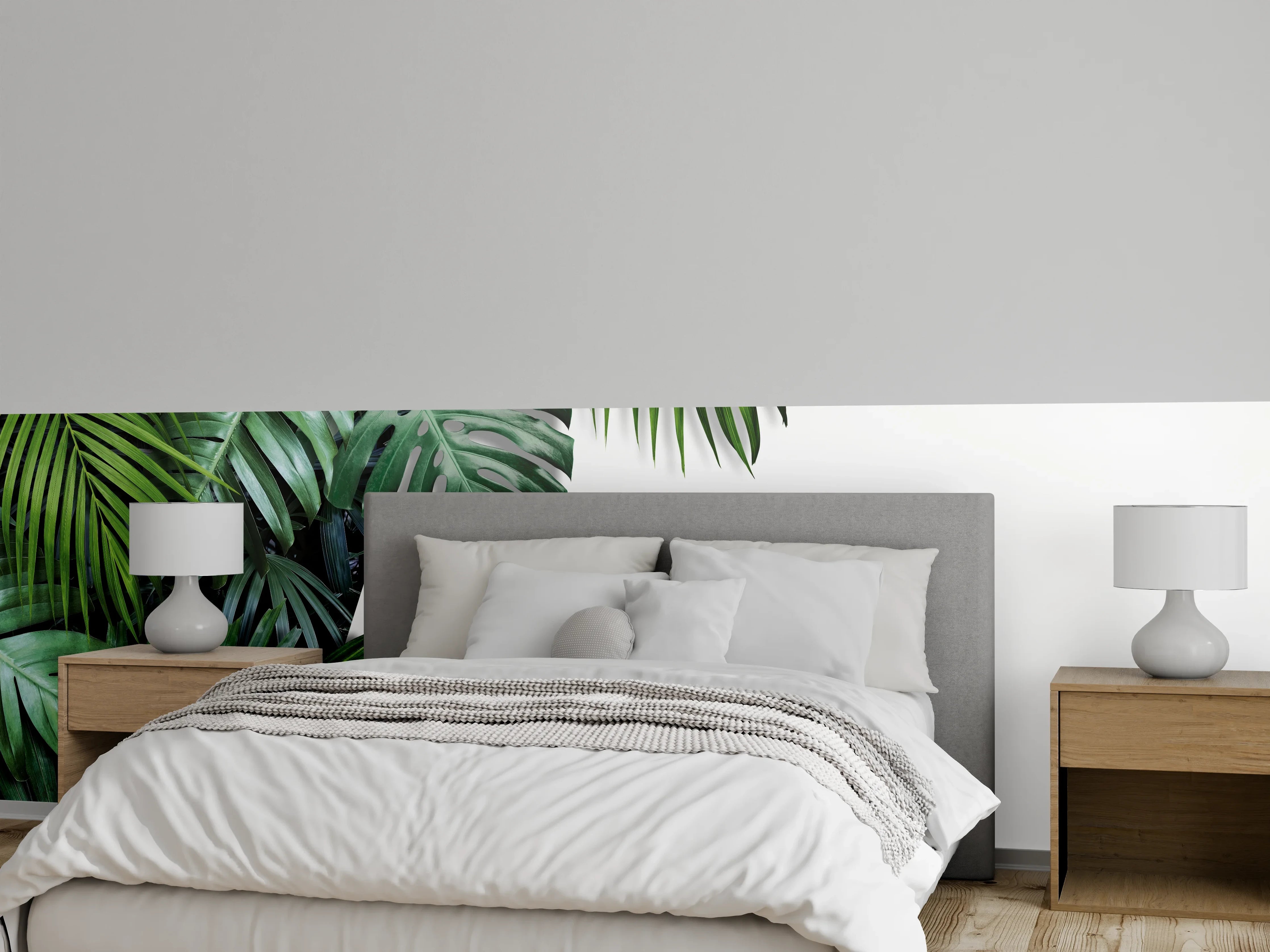Wandverkleidung Schlafzimmer - Grüne Monstera-Blätter auf Weiß