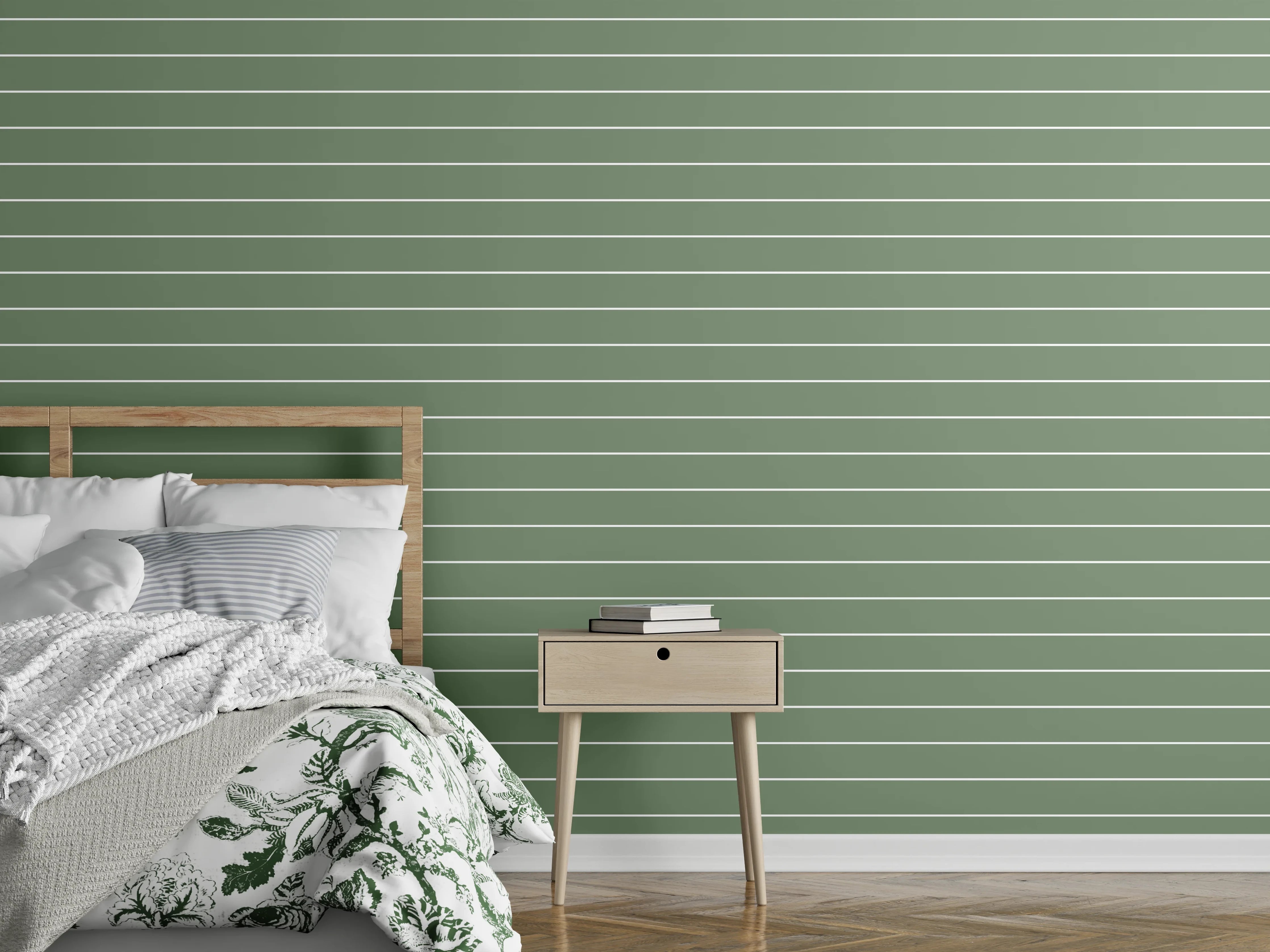Wandverkleidung Schlafzimmer - Grüne Streifenmuster Tapete Modern