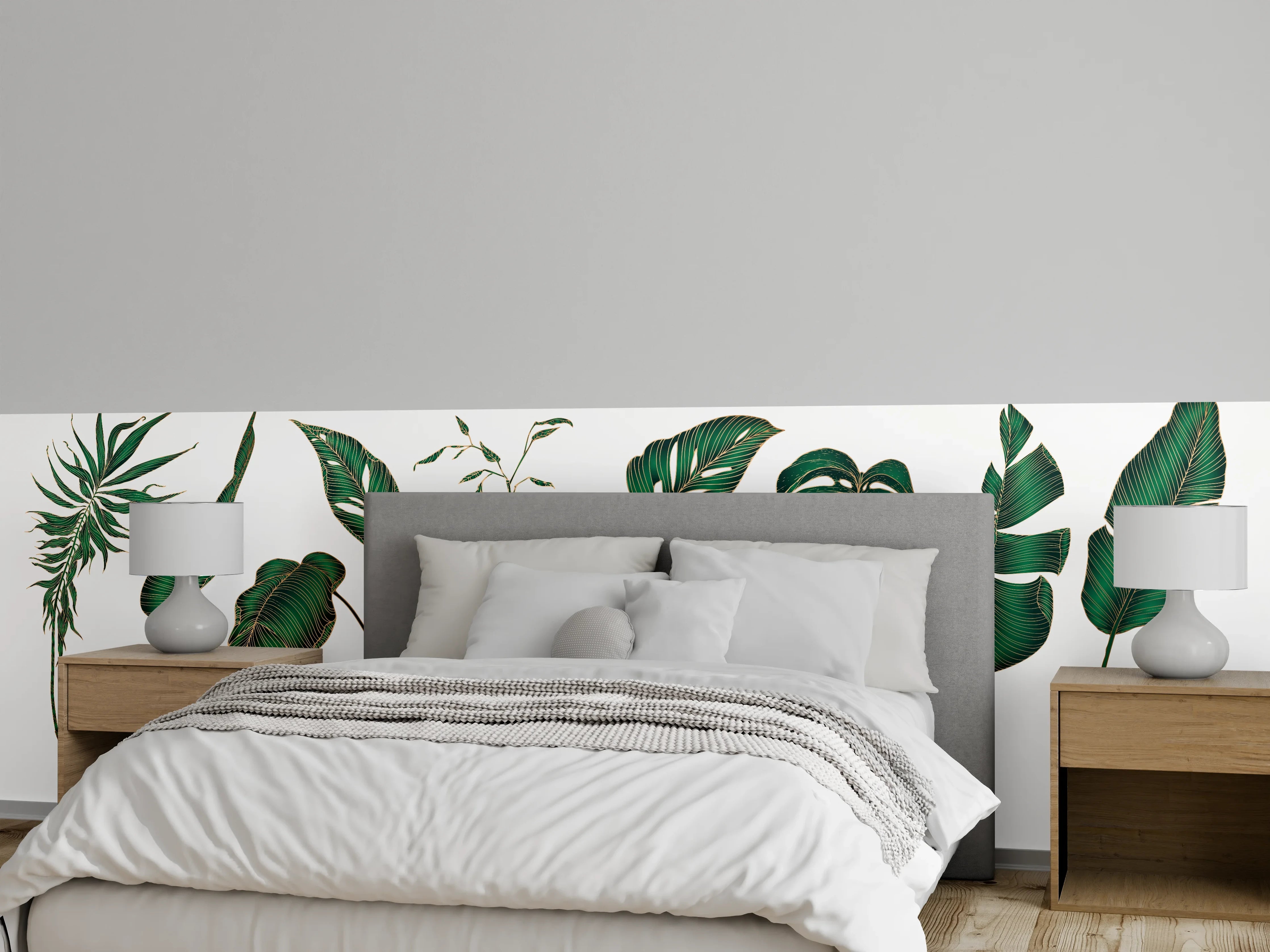 Wandverkleidung Schlafzimmer - Grüne Tropenblatt-Motive