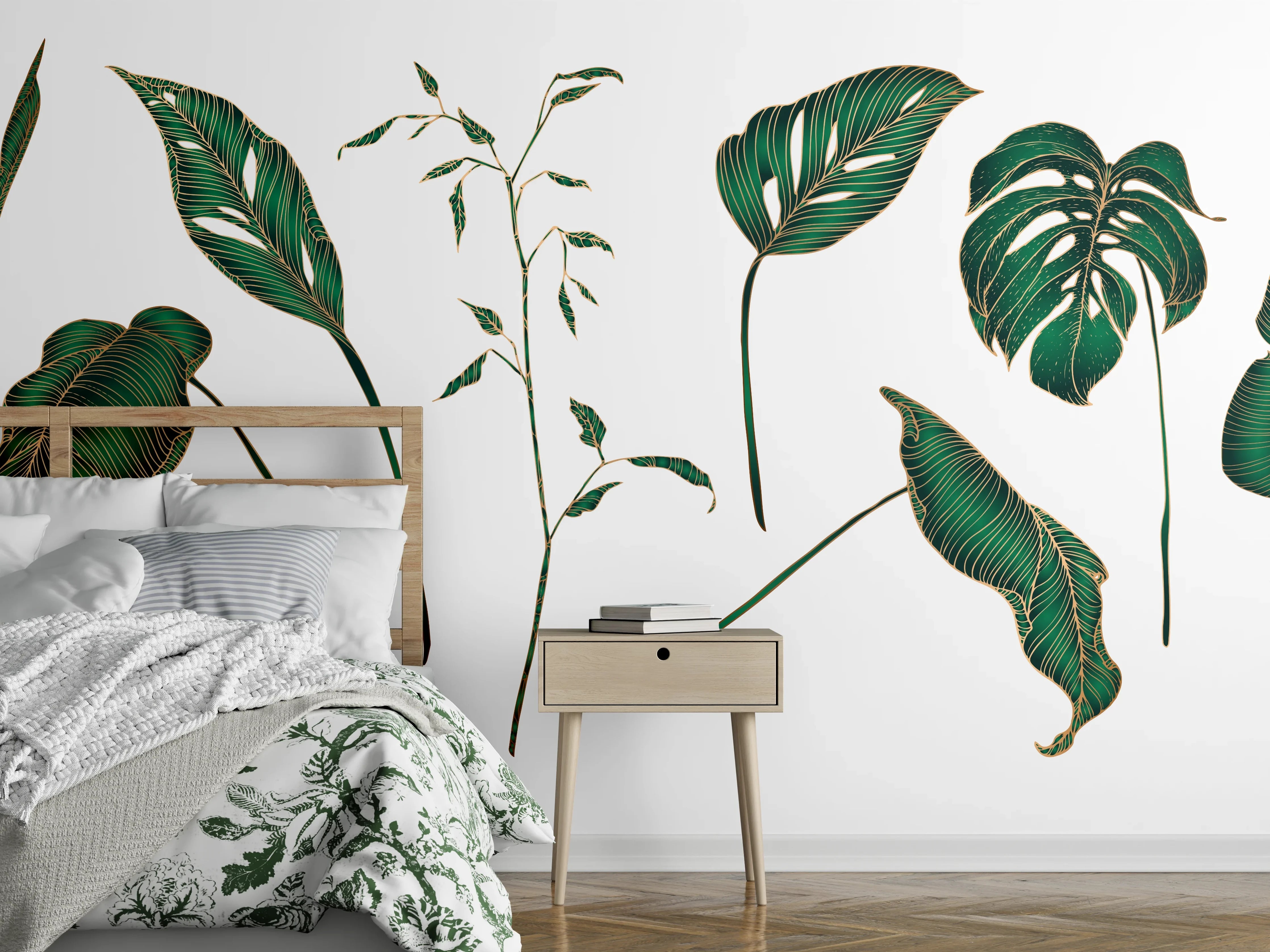 Wandverkleidung Schlafzimmer - Grüne Tropenblatt-Motive