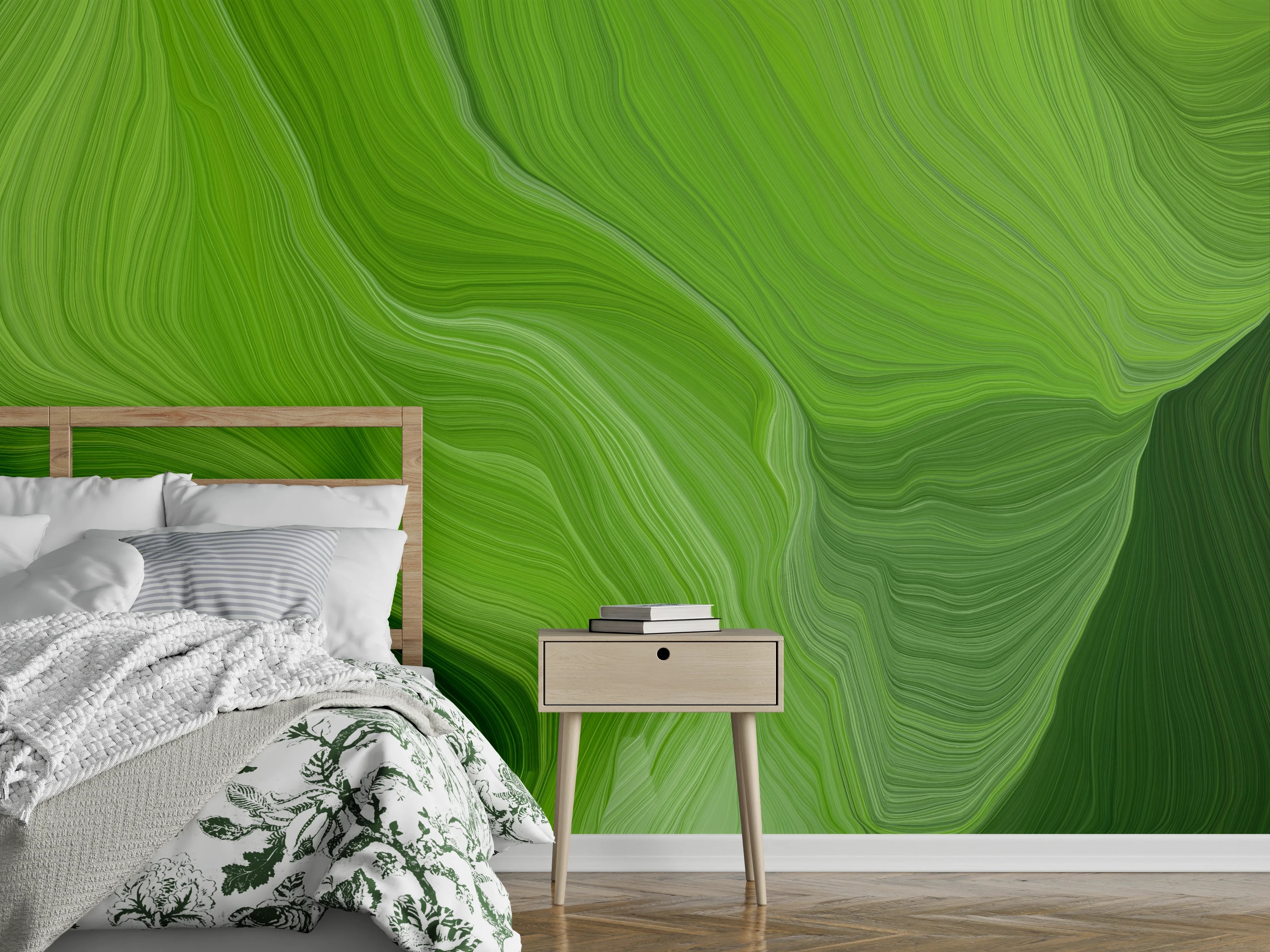 Wandverkleidung Schlafzimmer - Grüne Wellen Abstrakt Naturmotiv