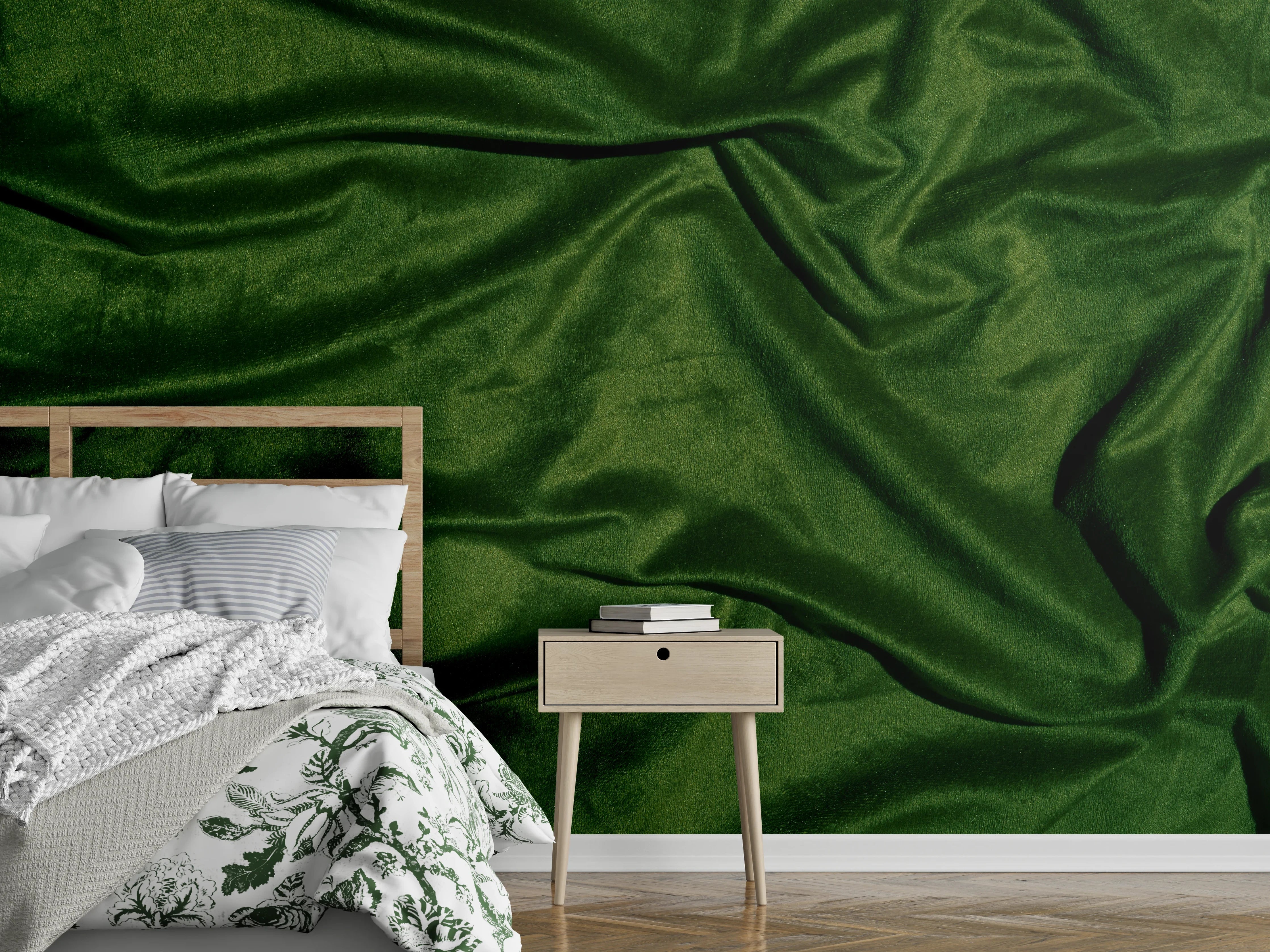 Wandverkleidung Schlafzimmer - Grüner Seidenstoff Hintergrund