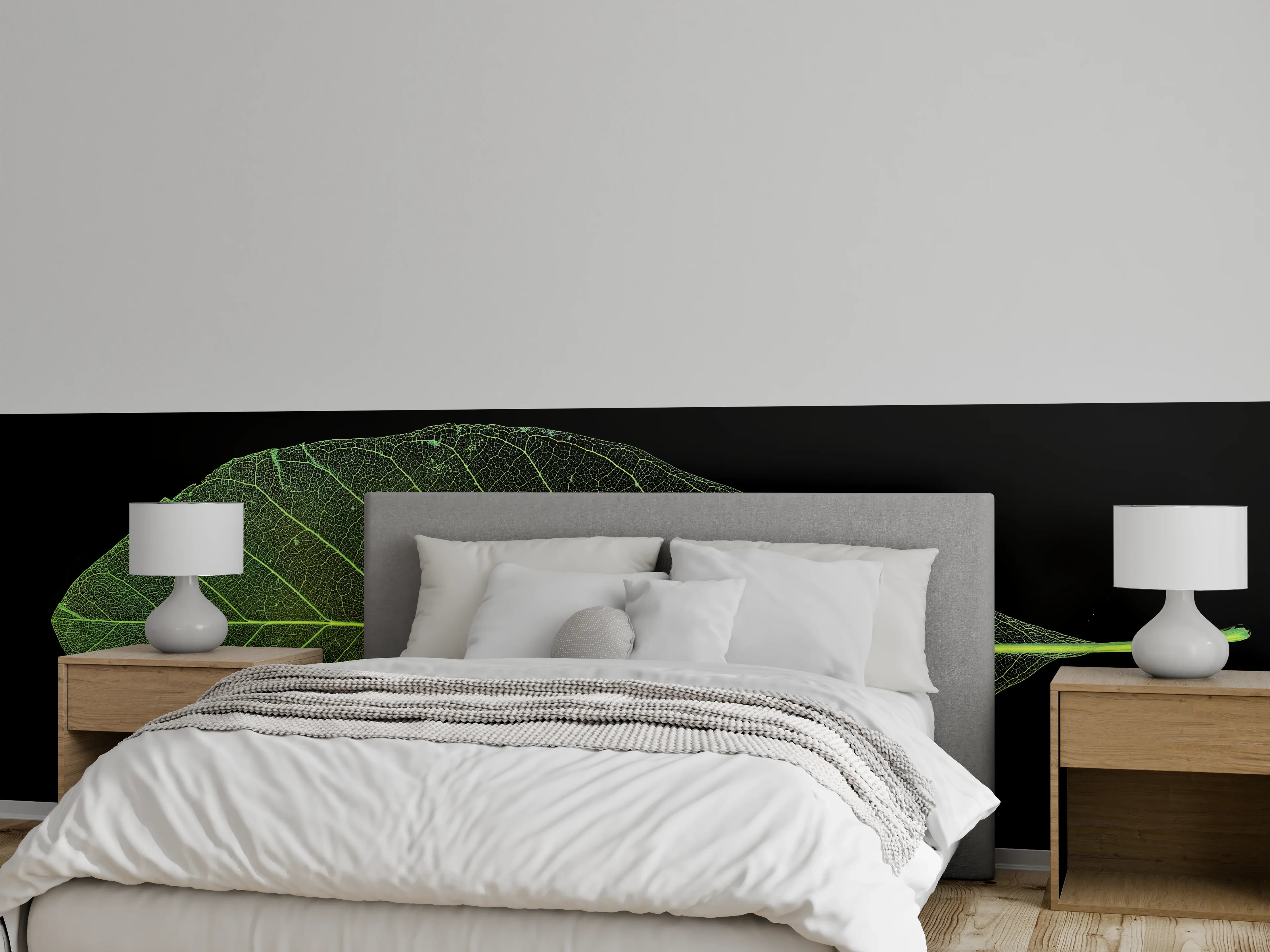Wandverkleidung Schlafzimmer - Grünes Blatt auf schwarzem Hintergrund