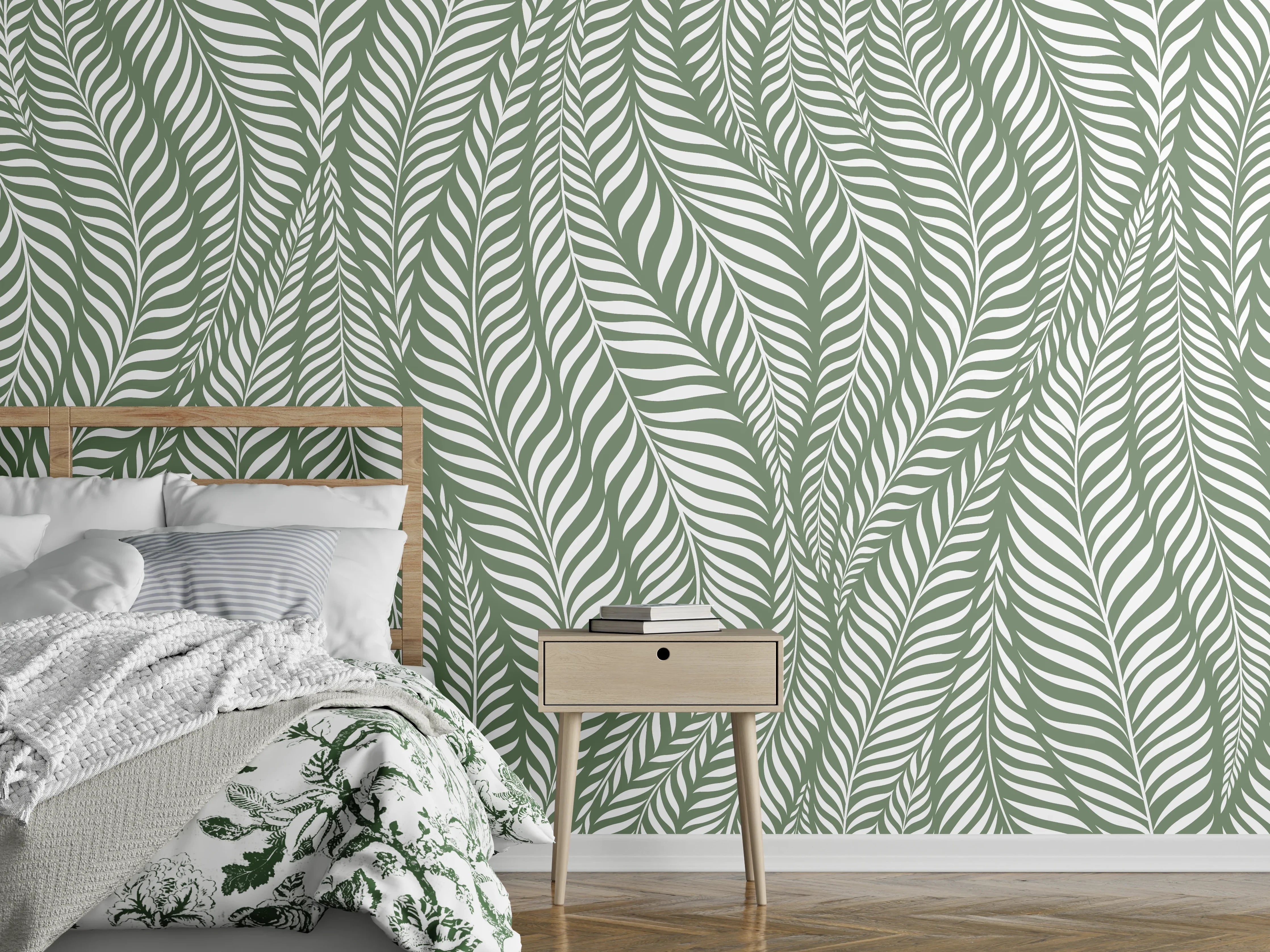 Wandverkleidung Schlafzimmer - Grünes Blattmuster in Zickzack-Design