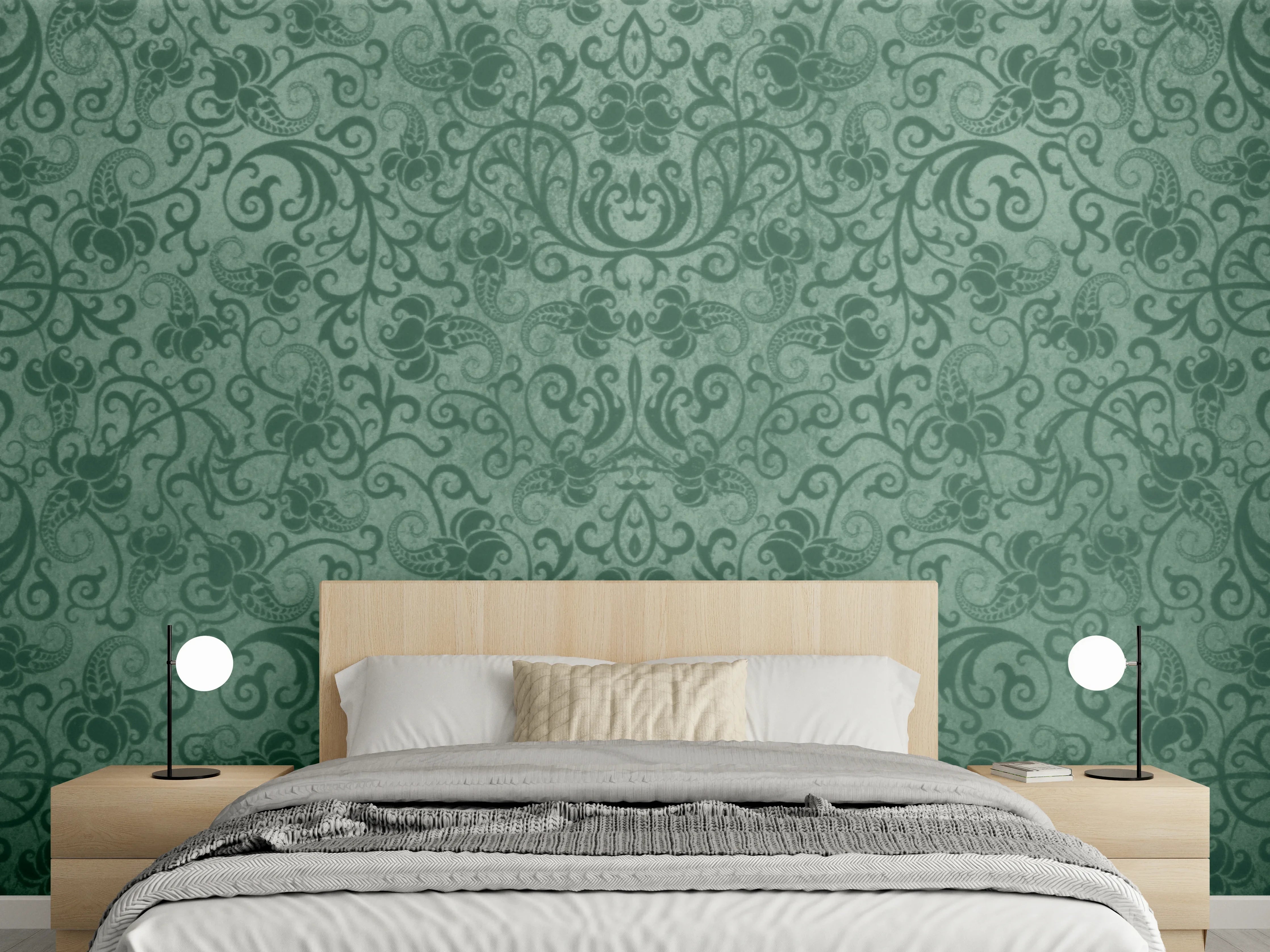 Wandverkleidung Schlafzimmer - Grünes Damast Muster