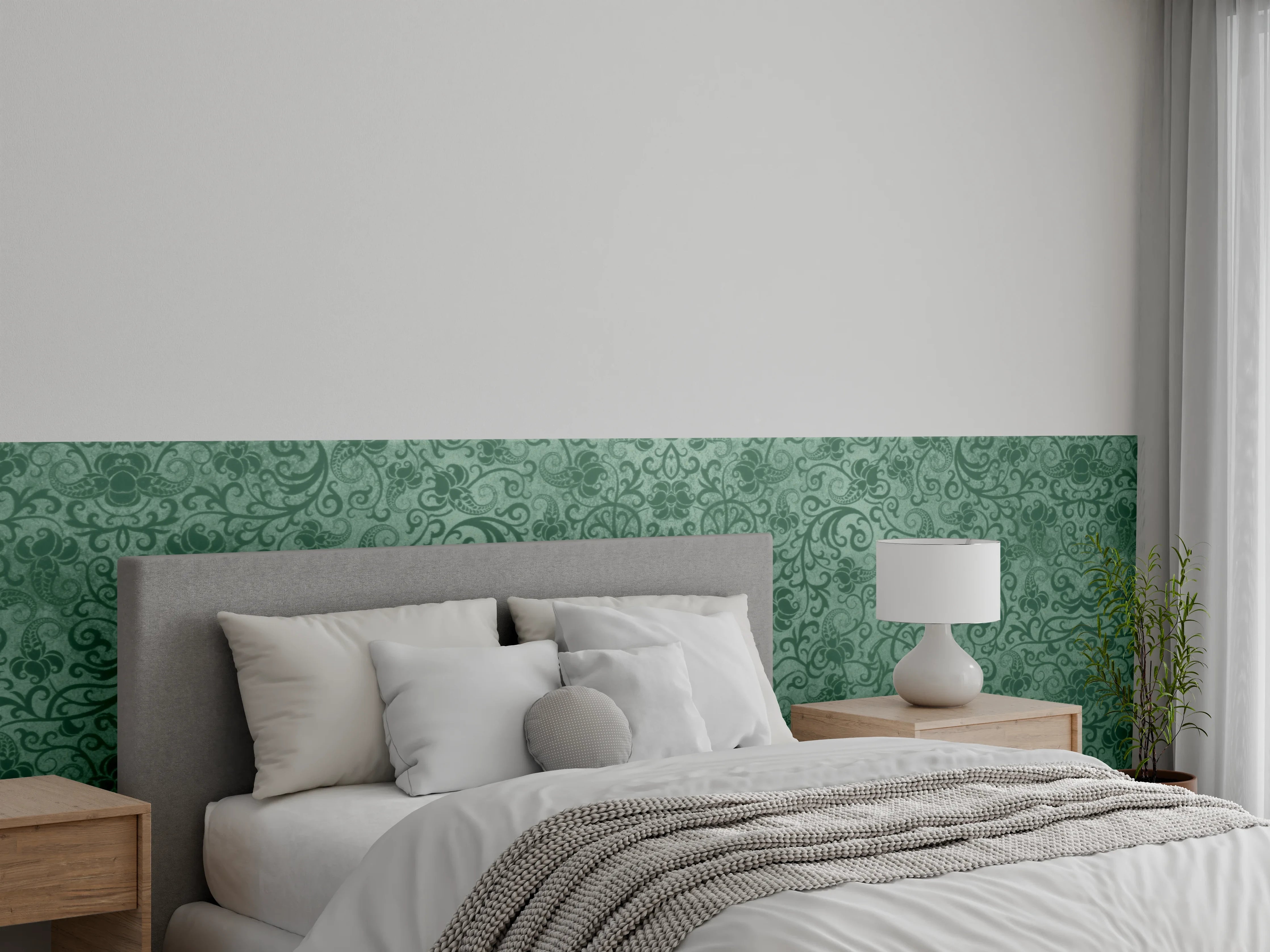 Wandverkleidung Schlafzimmer - Grünes Damast Muster