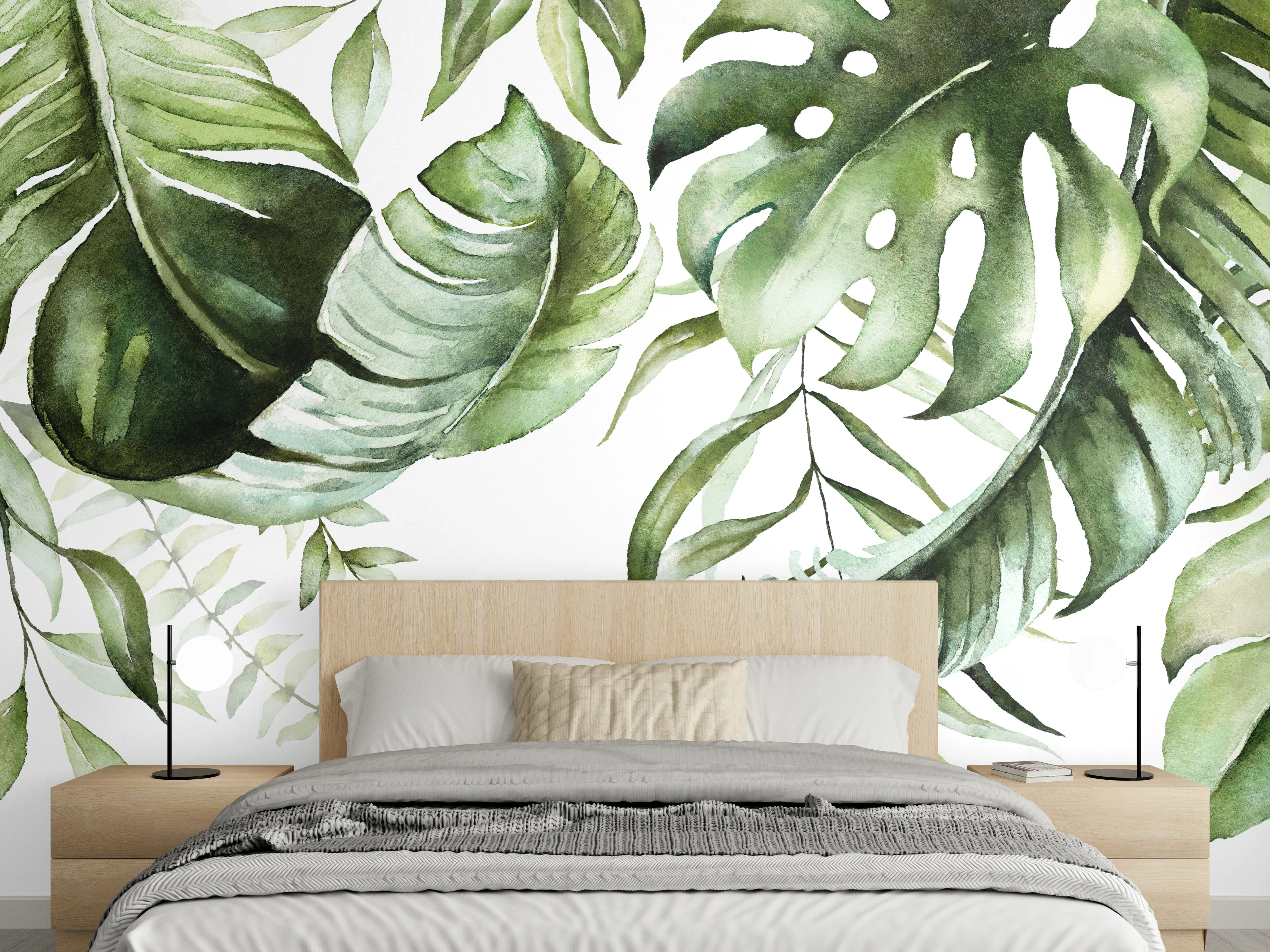 Wandverkleidung Schlafzimmer - Grünes Dschungelblatt-Design mit lebendiger Blättervielfalt