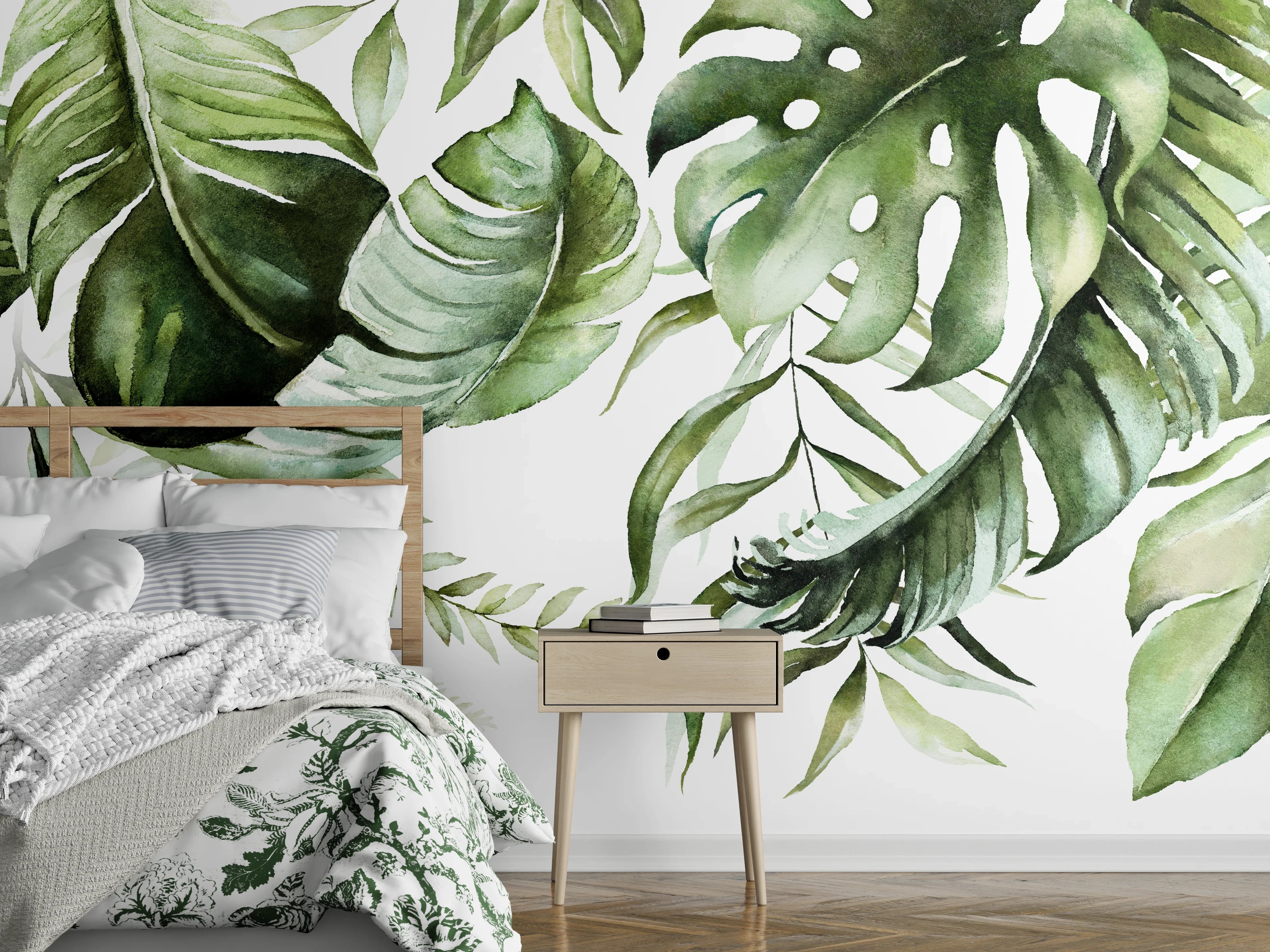 Wandverkleidung Schlafzimmer - Grünes Dschungelblatt-Design mit lebendiger Blättervielfalt