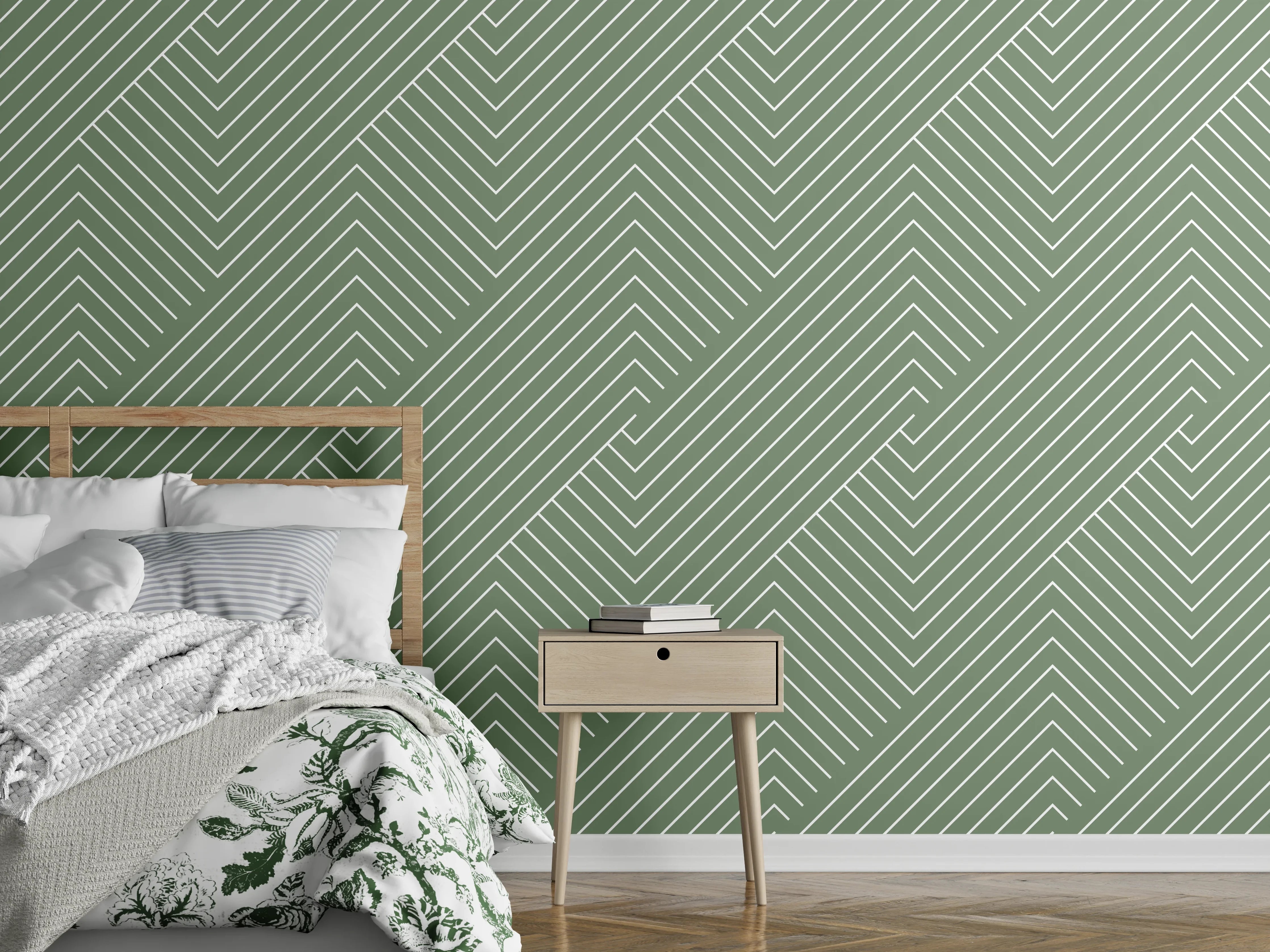 Wandverkleidung Schlafzimmer - Grünes Linienmuster diagonal modern