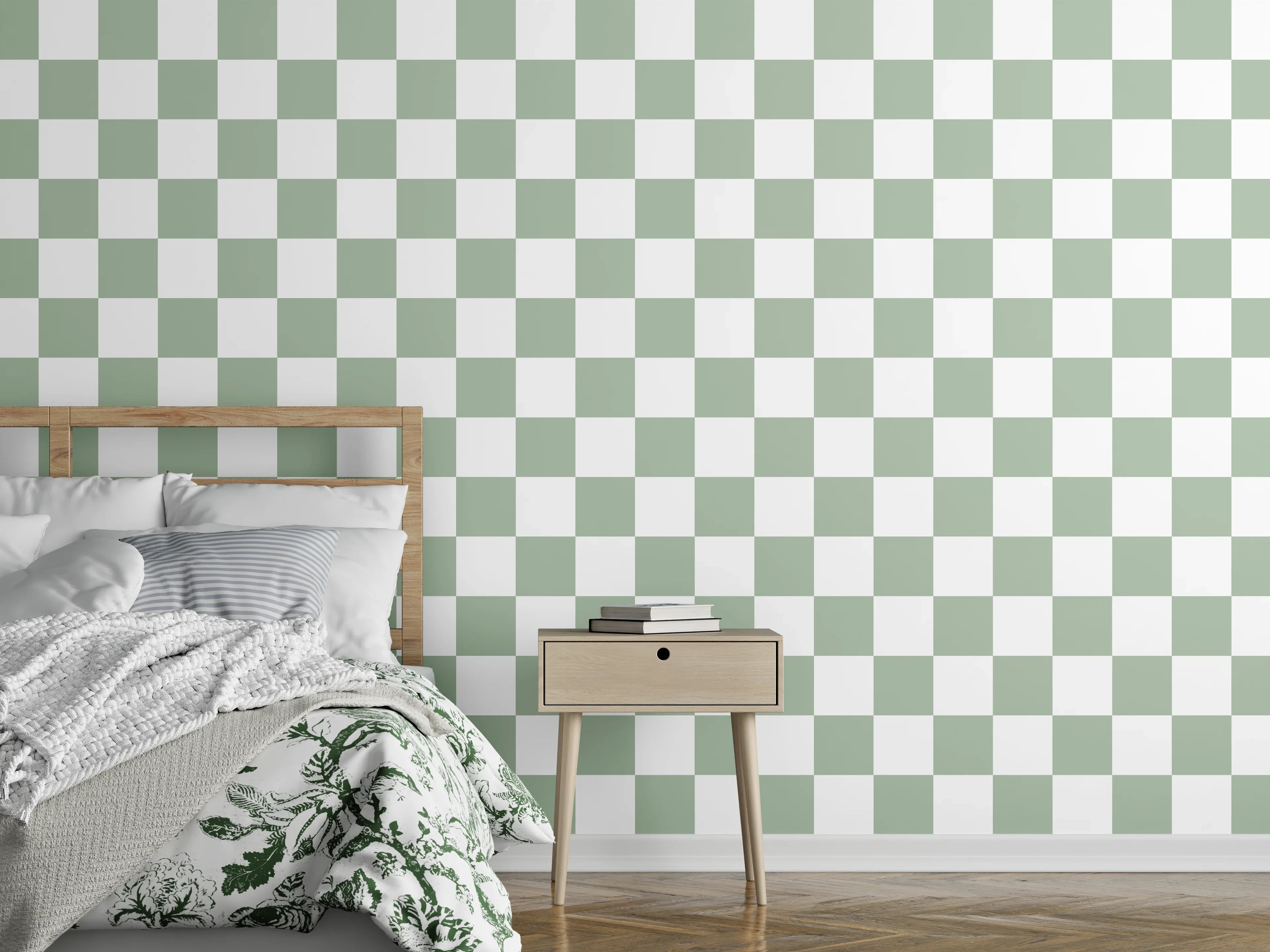 Wandverkleidung Schlafzimmer - Grünes Schachbrettmuster minimalistisch modern