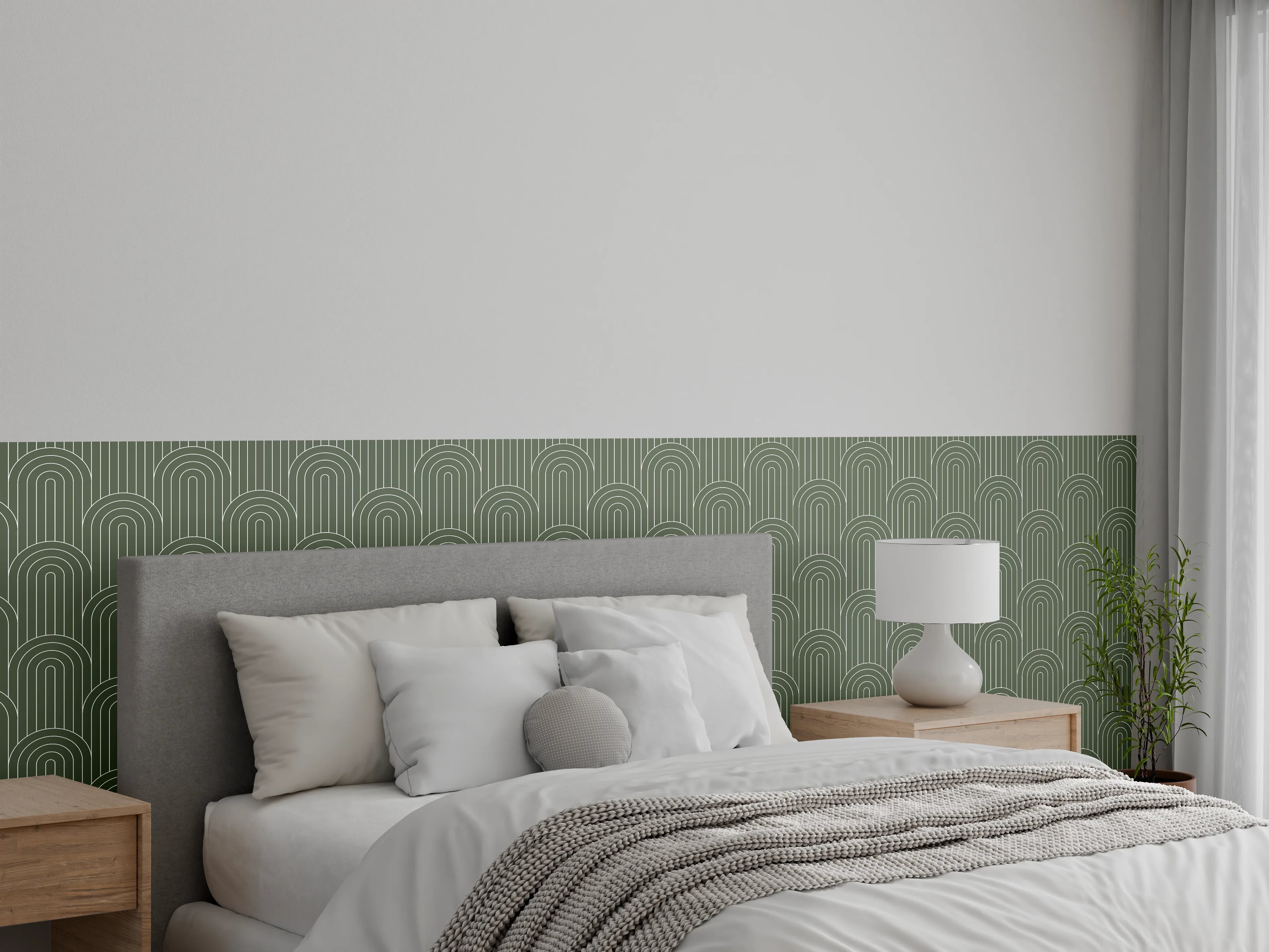 Wandverkleidung Schlafzimmer - Grünes Wellenmuster mit feinen Linien