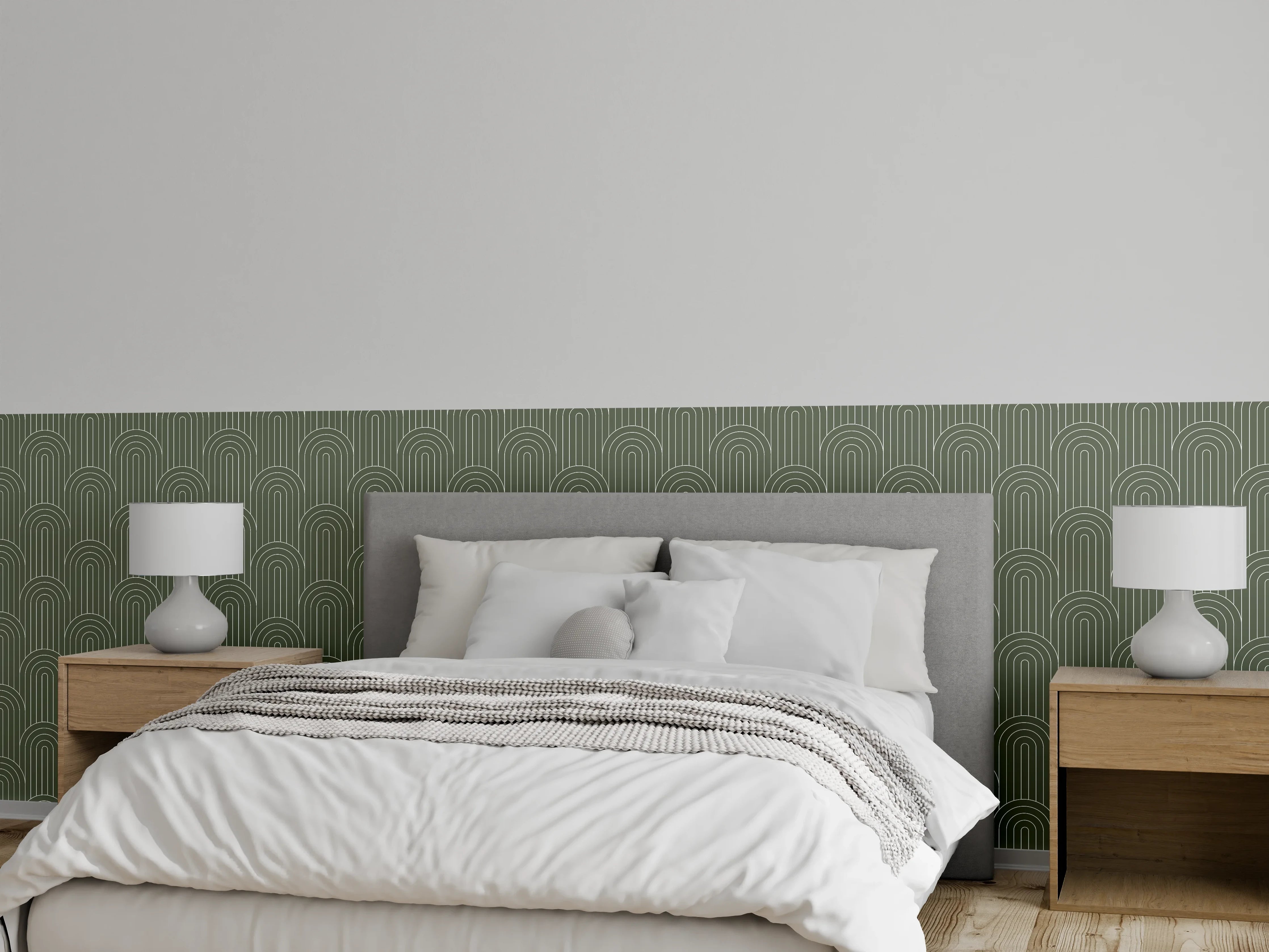 Wandverkleidung Schlafzimmer - Grünes Wellenmuster mit feinen Linien