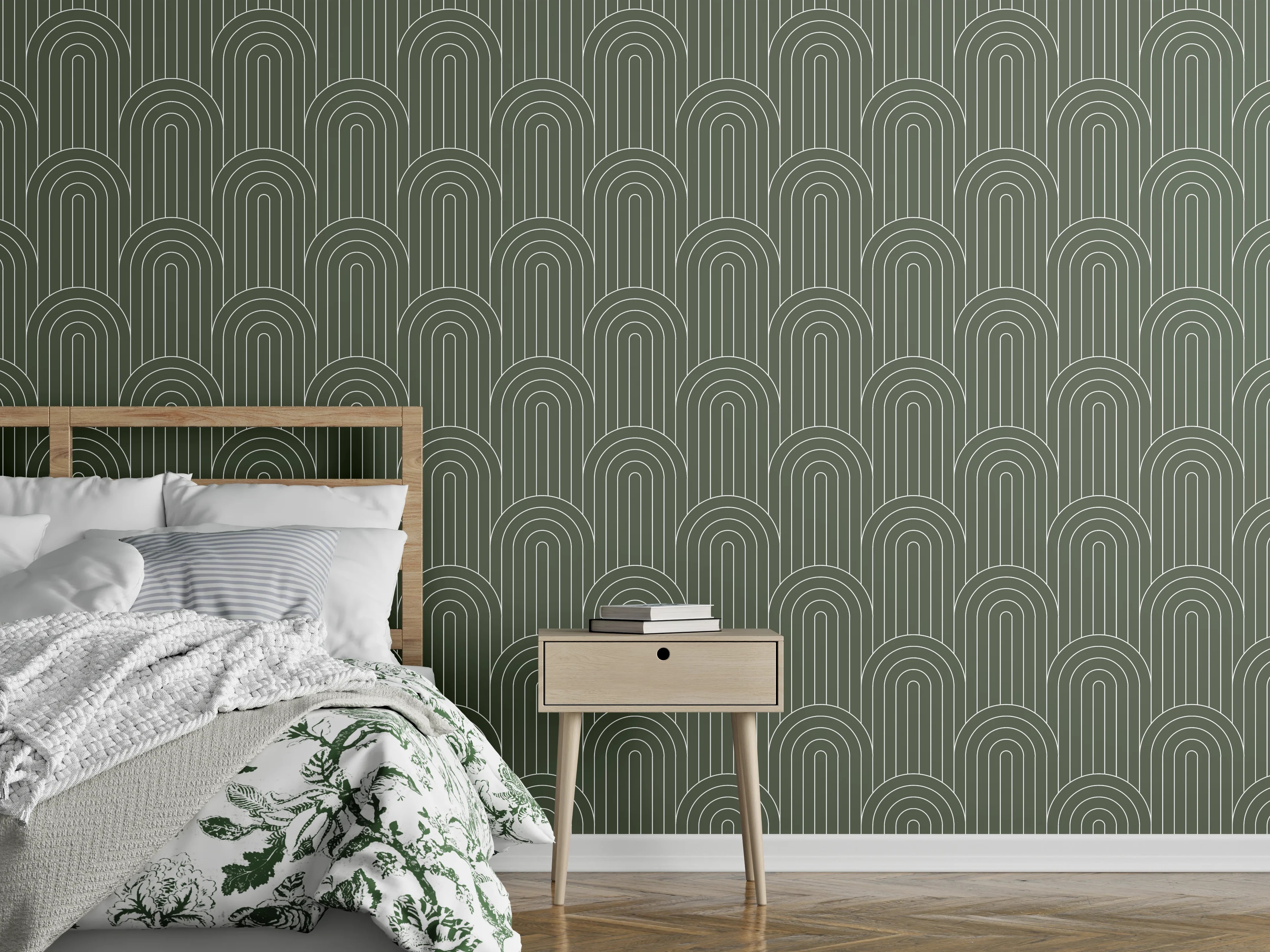 Wandverkleidung Schlafzimmer - Grünes Wellenmuster mit feinen Linien