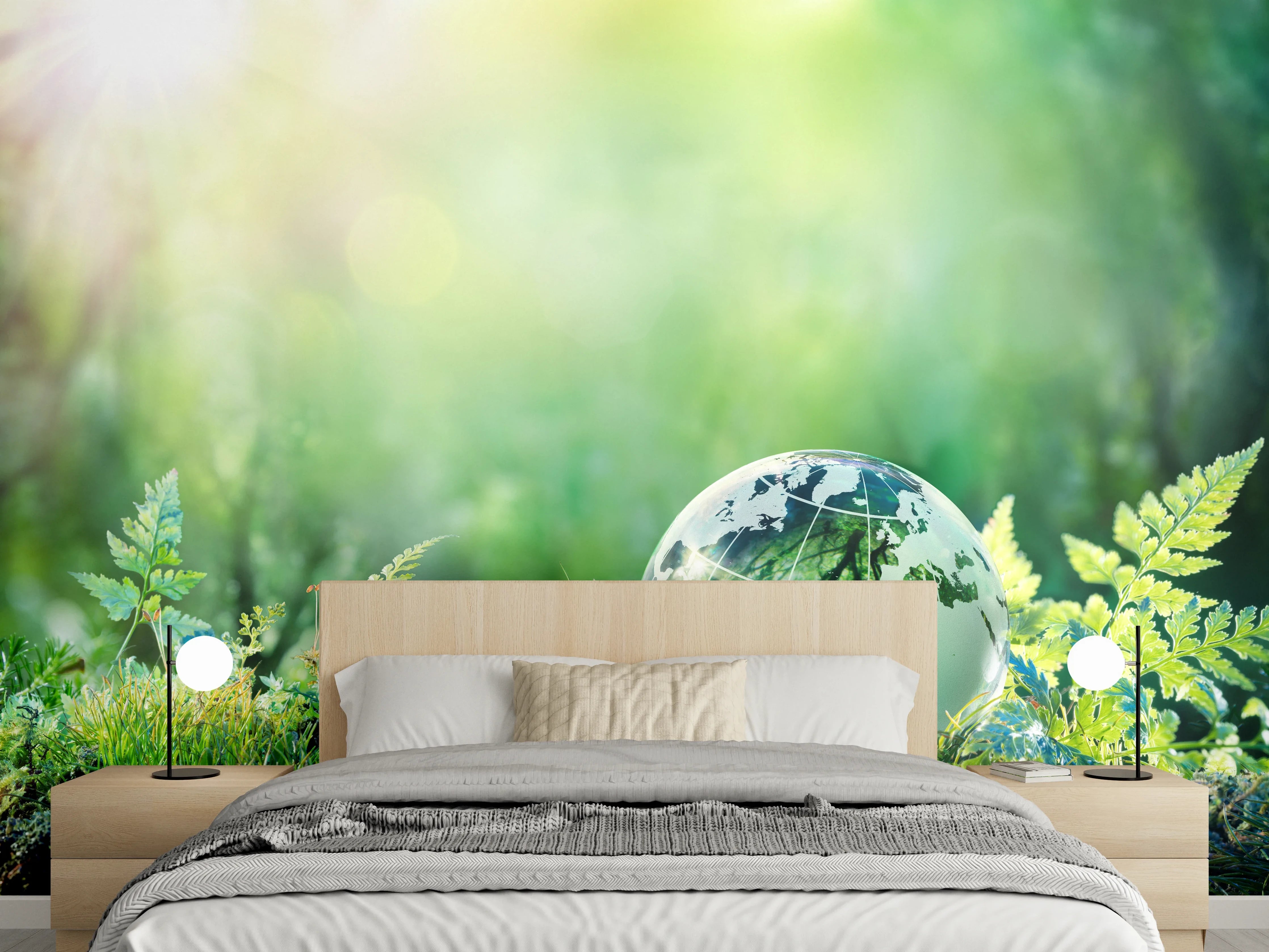 Wandverkleidung Schlafzimmer - Grünlicher Globus im Wald