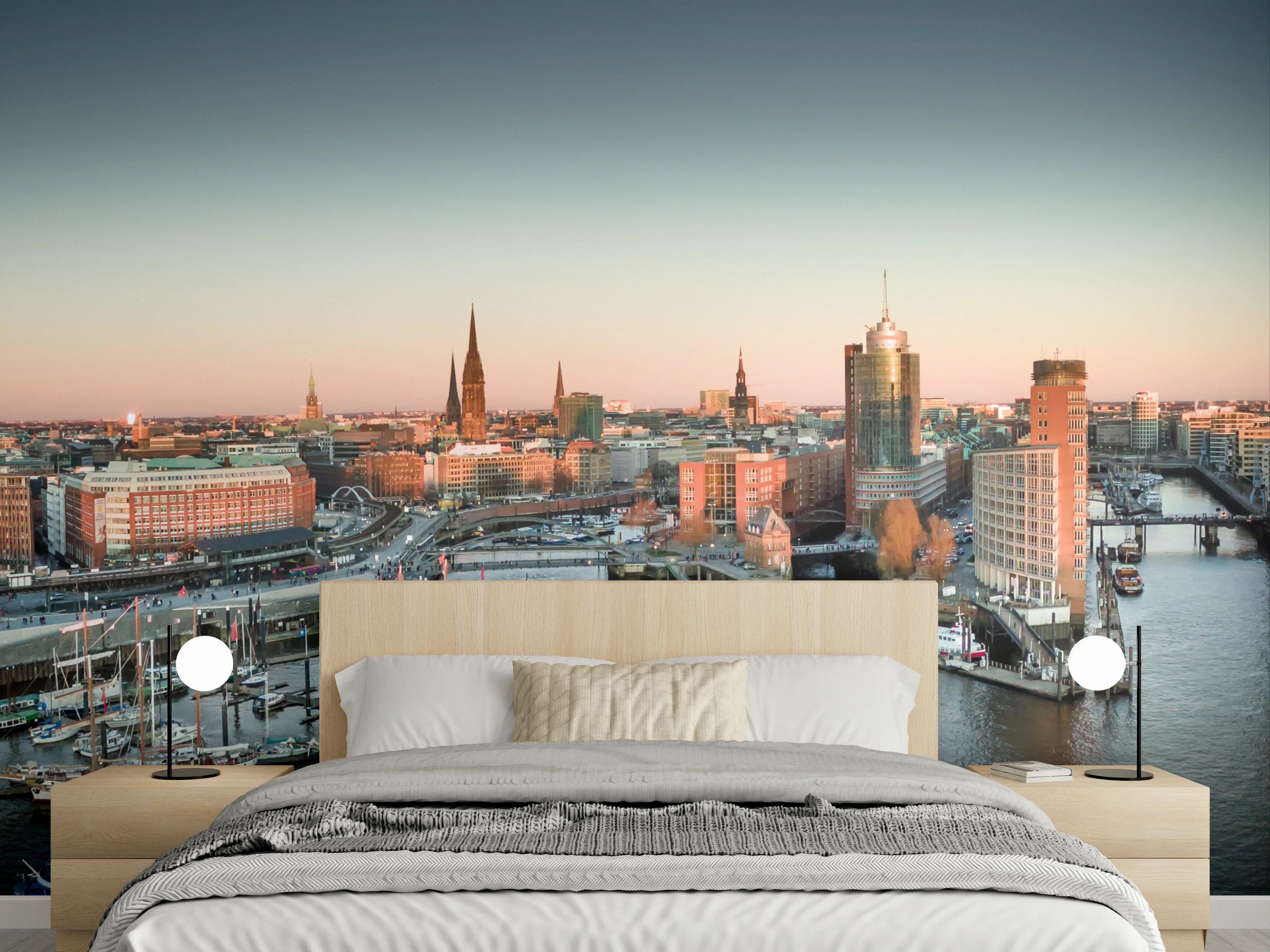 Wandverkleidung Schlafzimmer - Hamburg Skyline Panorama bei Sonnenuntergang