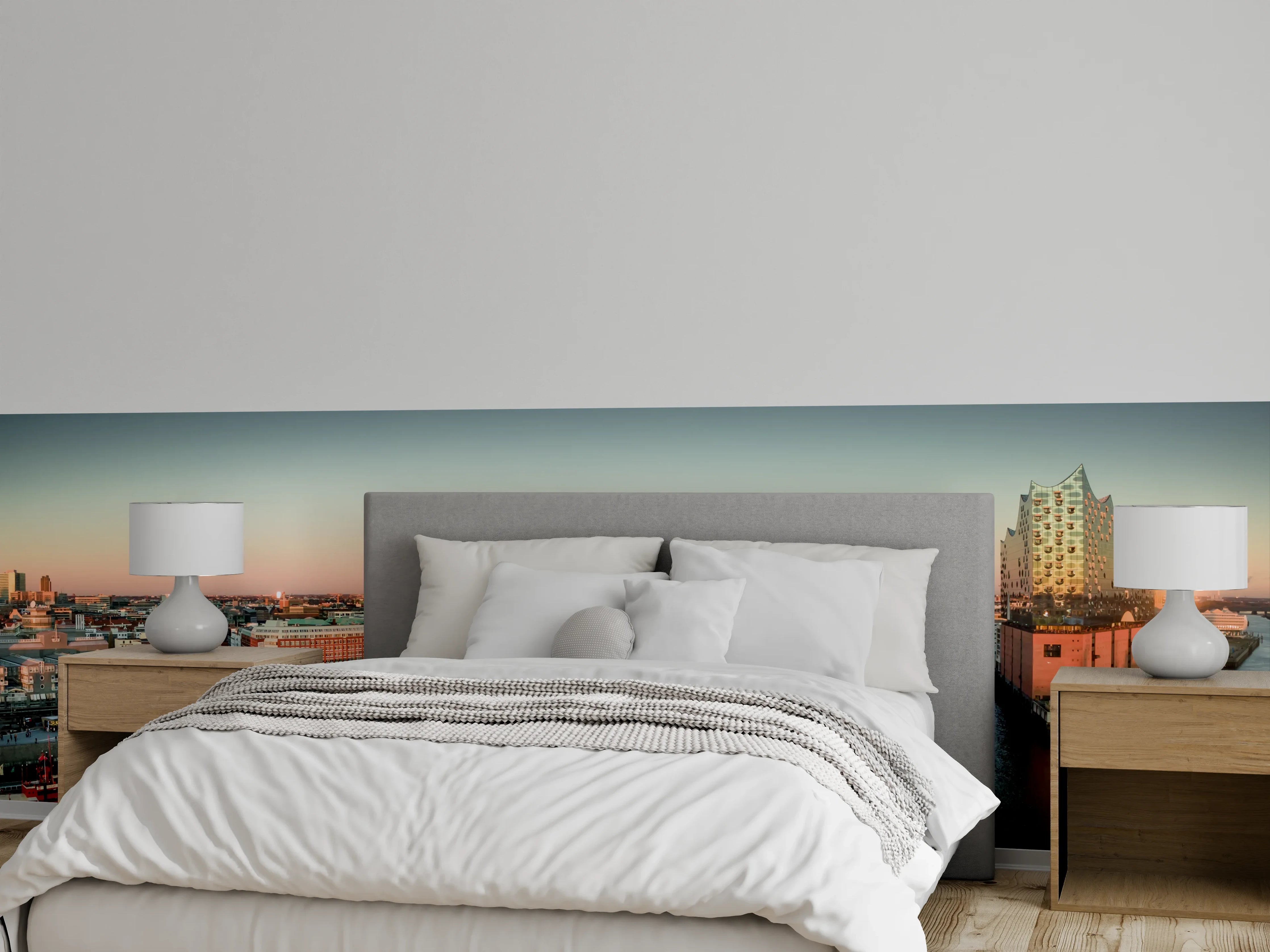 Wandverkleidung Schlafzimmer - Hamburg Skyline Panorama bei Sonnenuntergang