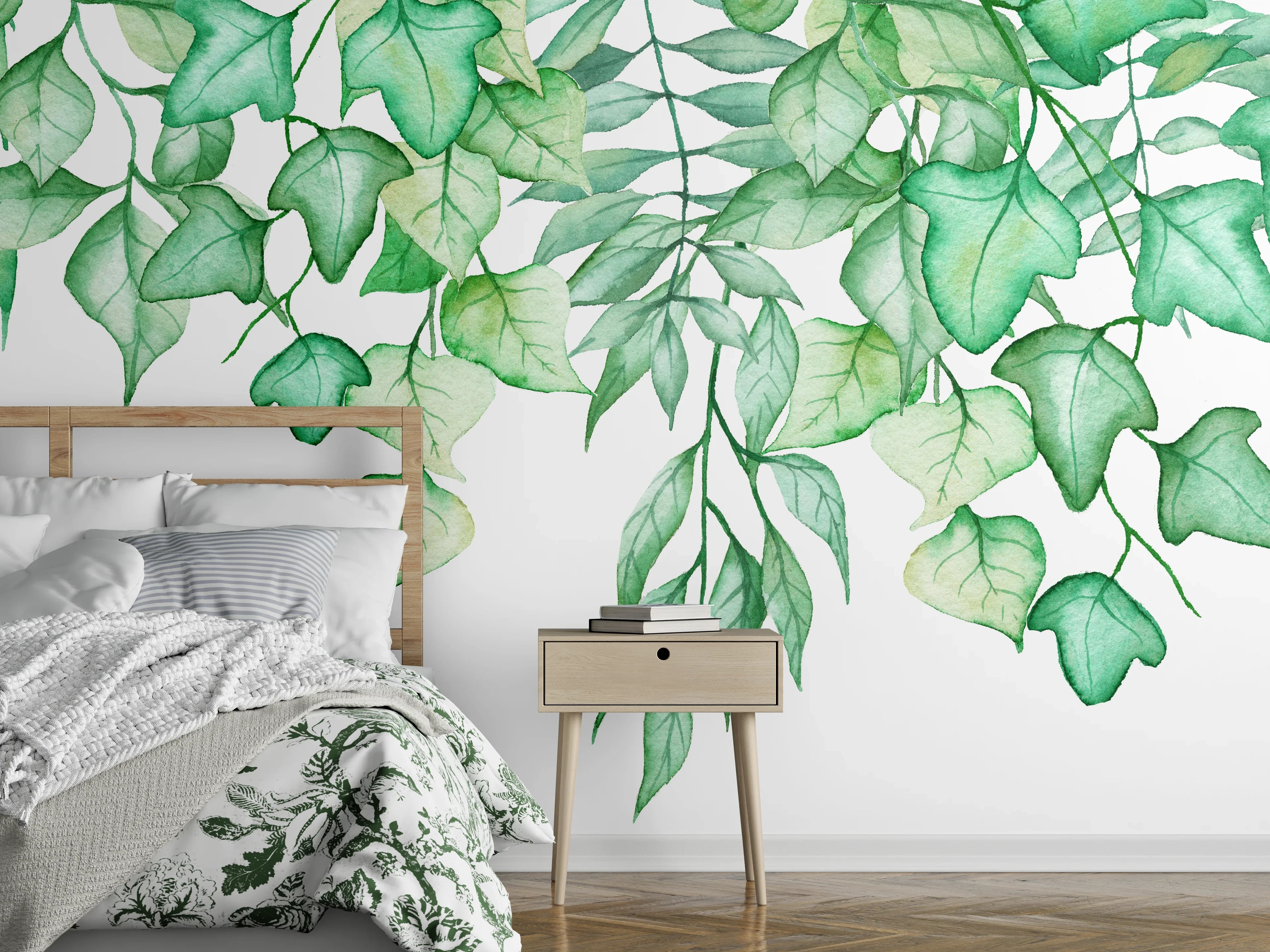 Wandverkleidung Schlafzimmer - Handgezeichneten Aquarellblättern und Efeu