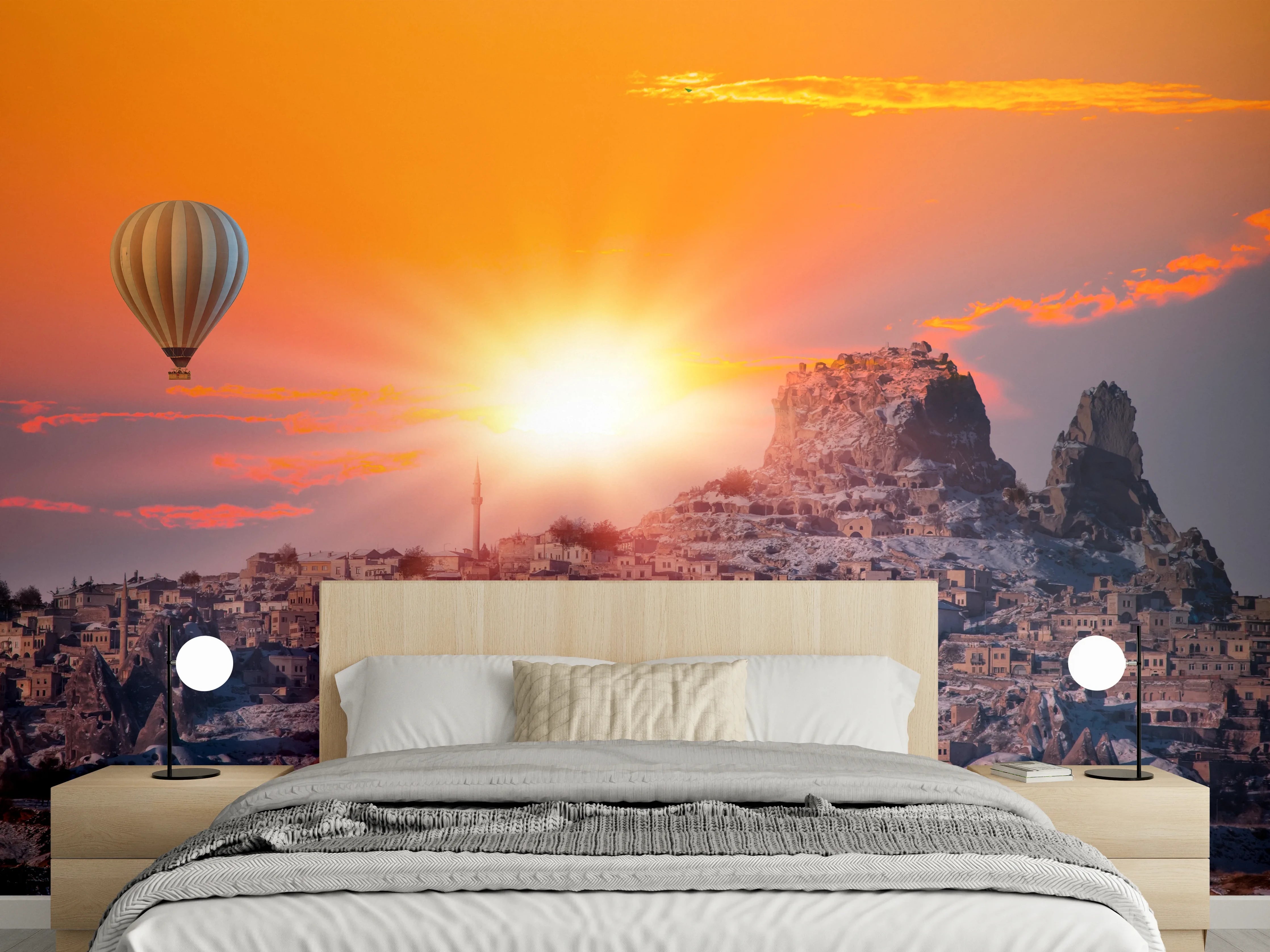 Wandverkleidung Schlafzimmer - Heißluftballon bei Sonnenaufgang über Kappadokien