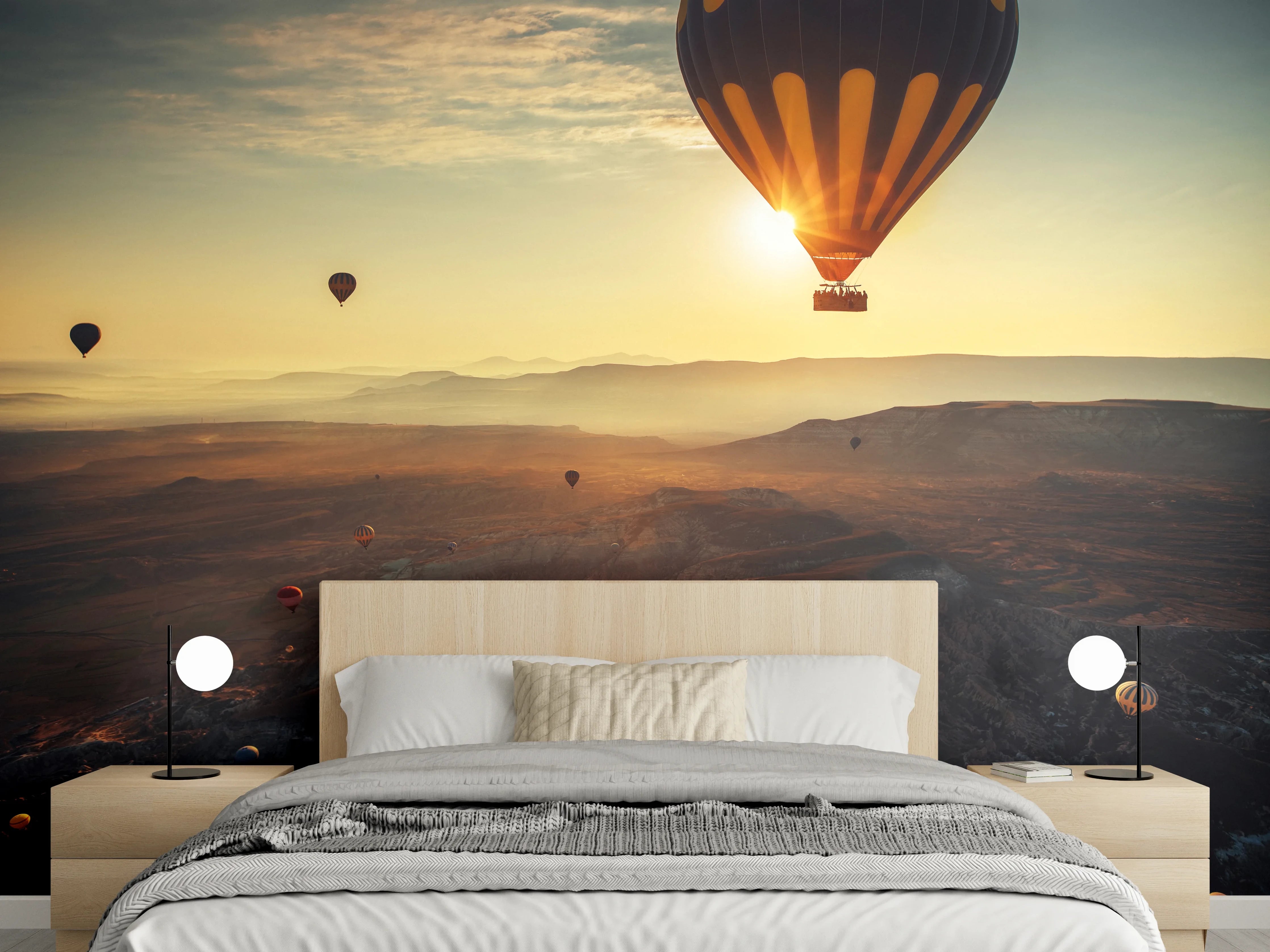 Wandverkleidung Schlafzimmer - Heißluftballons Sonnenaufgang Landschaft