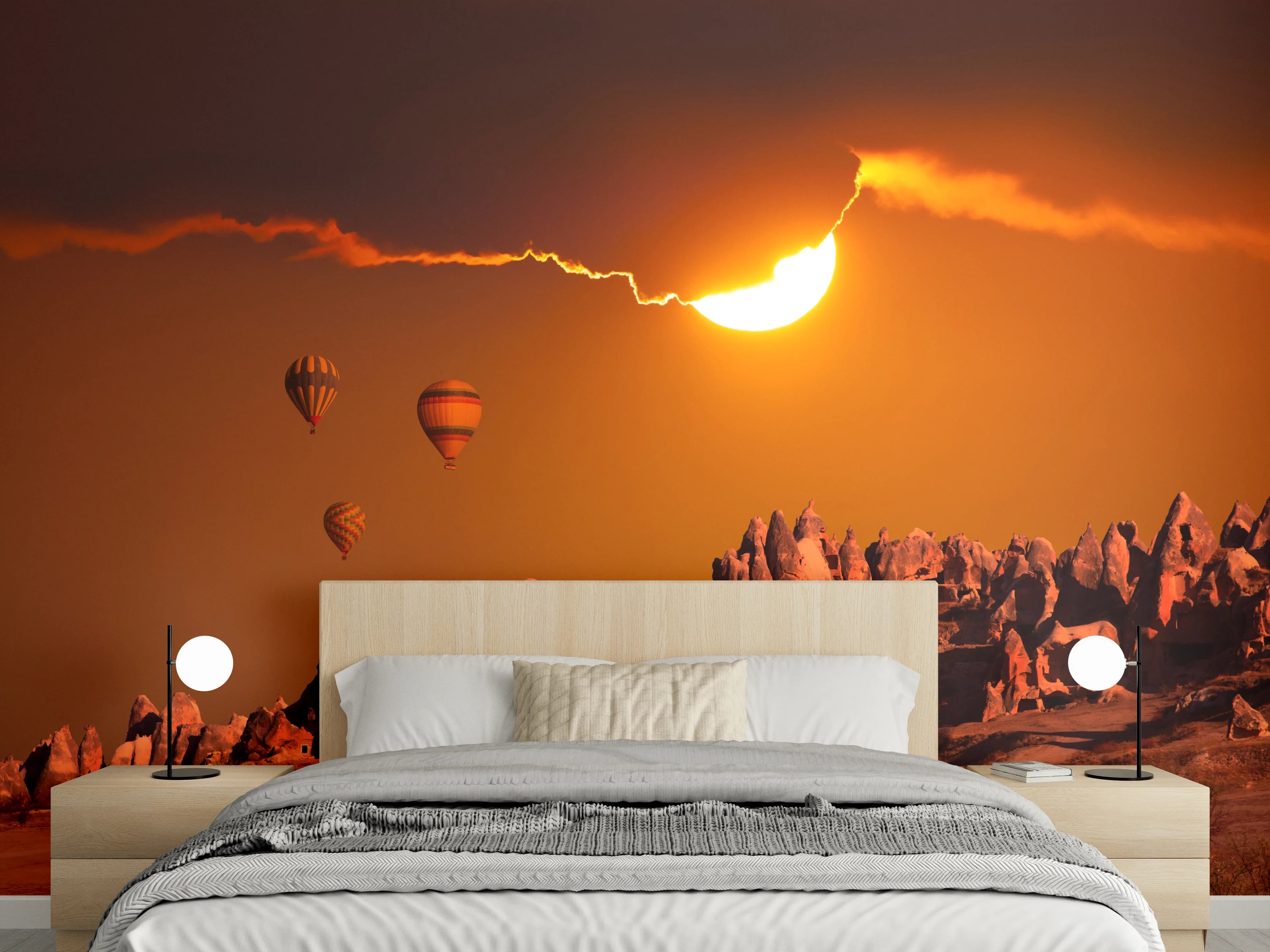 Wandverkleidung Schlafzimmer - Heißluftballons Sonnenuntergang Wüstenlandschaft