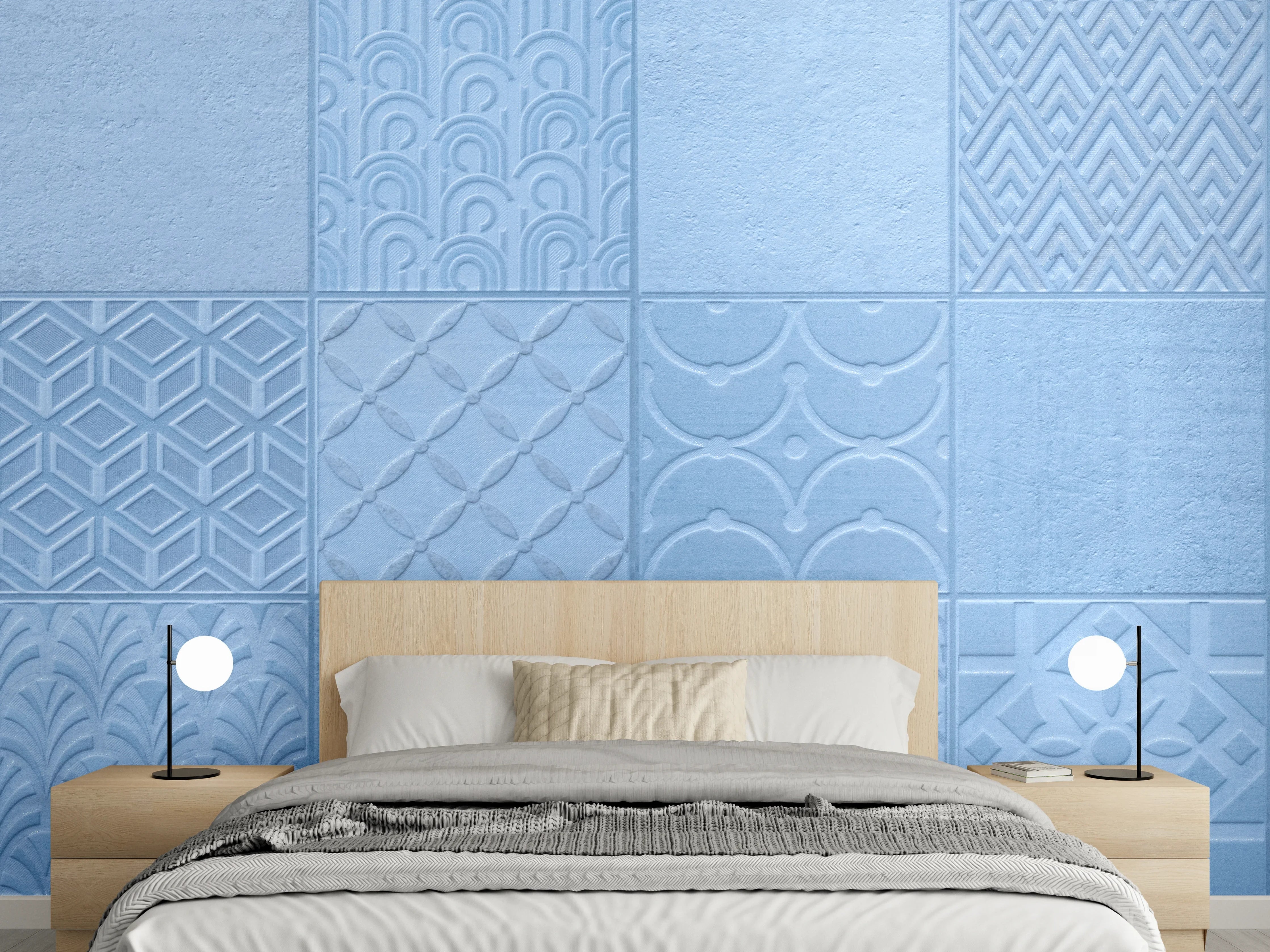 Wandverkleidung Schlafzimmer - Hellblaue Fliesenmuster 