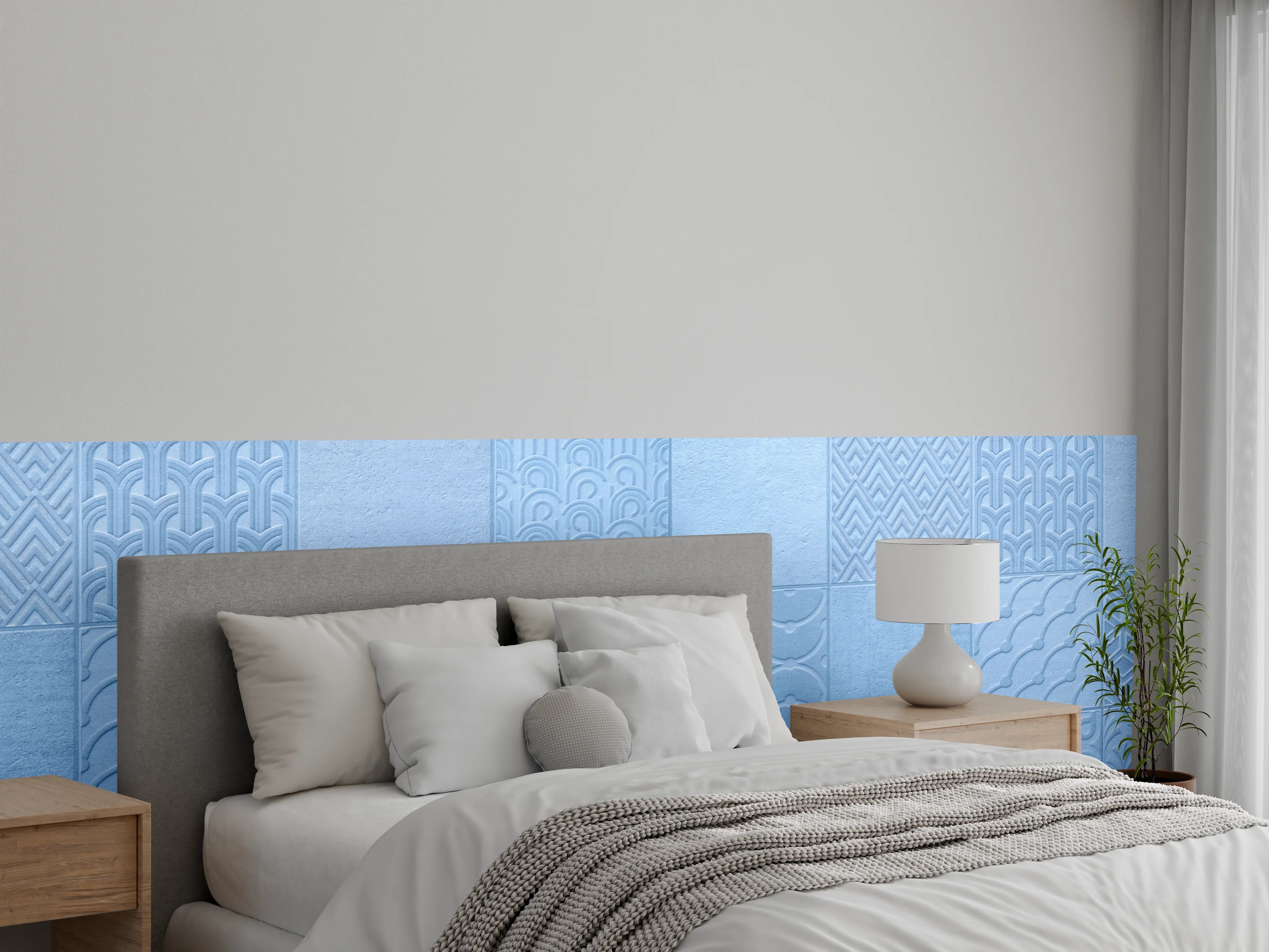 Wandverkleidung Schlafzimmer - Hellblaue Fliesenmuster 