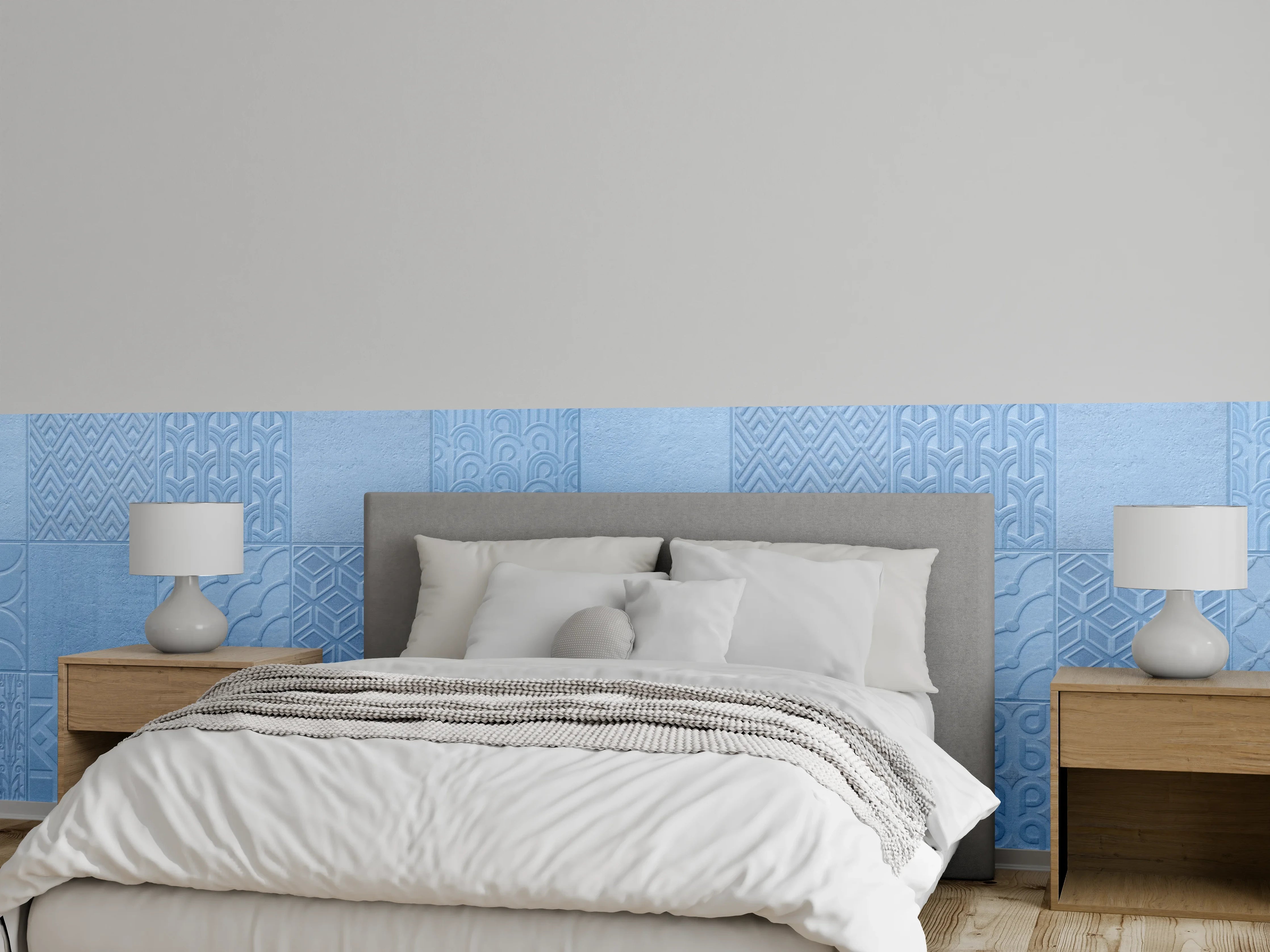 Wandverkleidung Schlafzimmer - Hellblaue Fliesenmuster 
