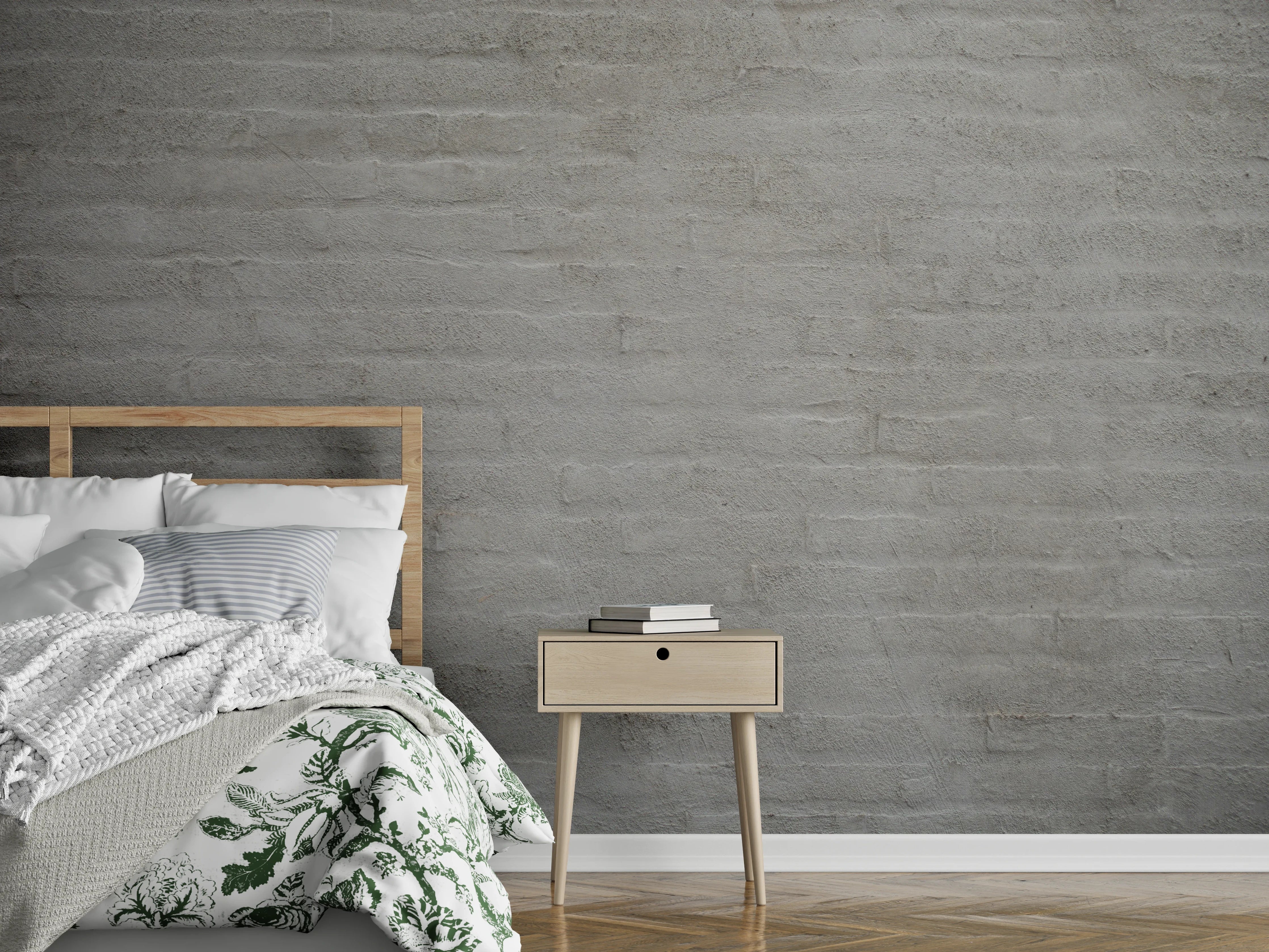 Wandverkleidung Schlafzimmer - Helle Backsteinwand in sanftem Grau