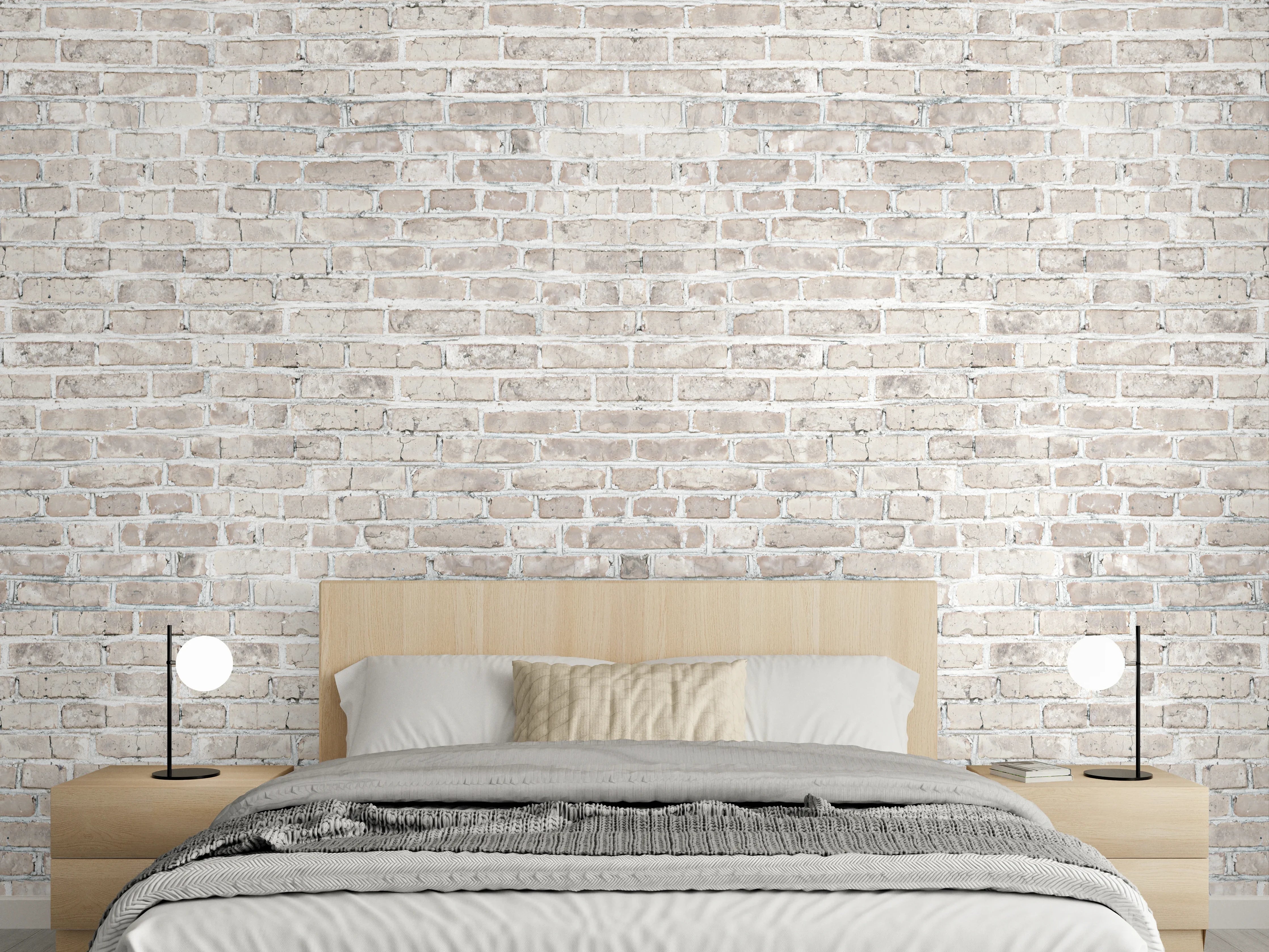 Wandverkleidung Schlafzimmer - Helle Backsteinwand mit dezenten Grautönen