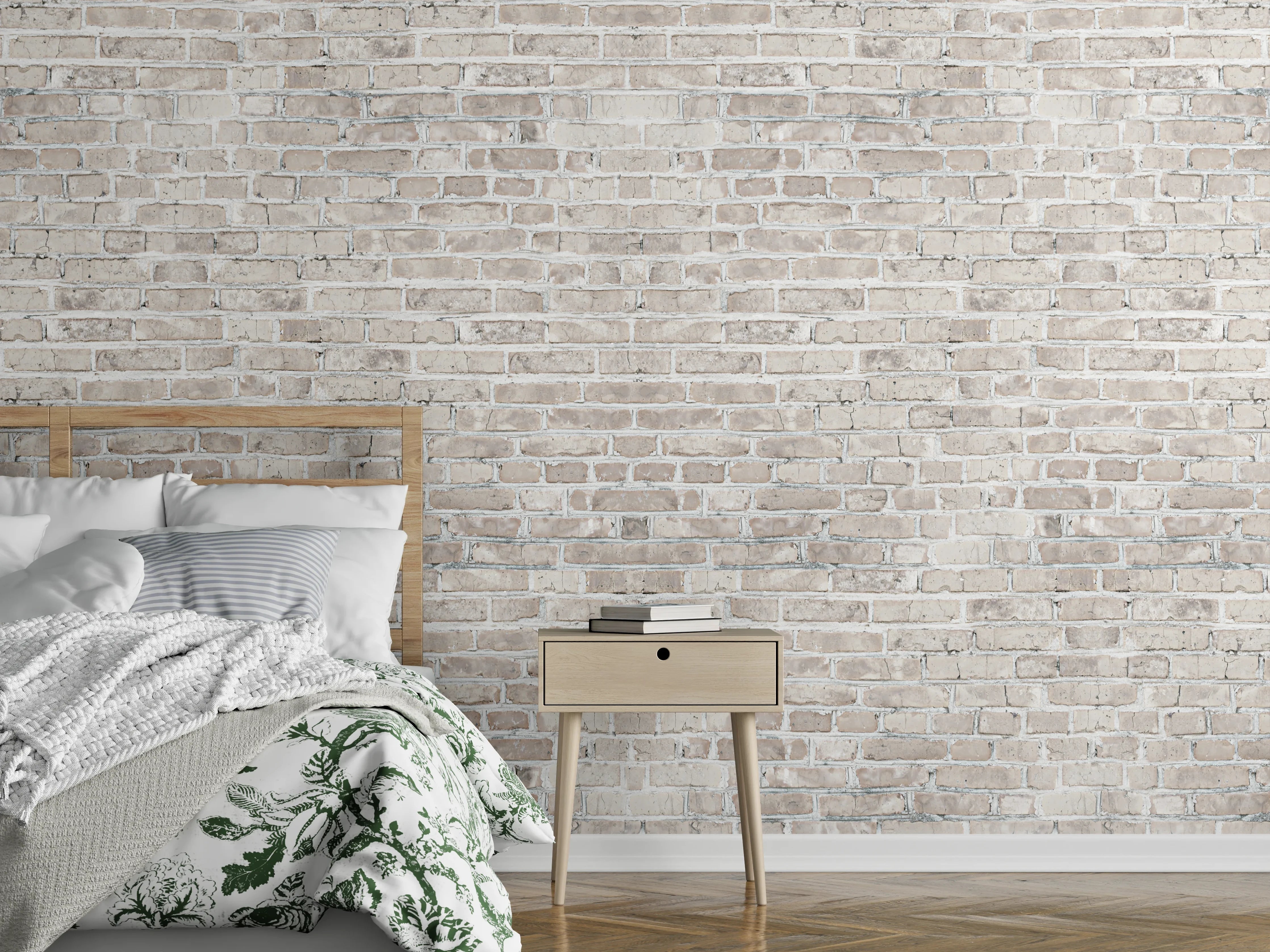 Wandverkleidung Schlafzimmer - Helle Backsteinwand mit dezenten Grautönen