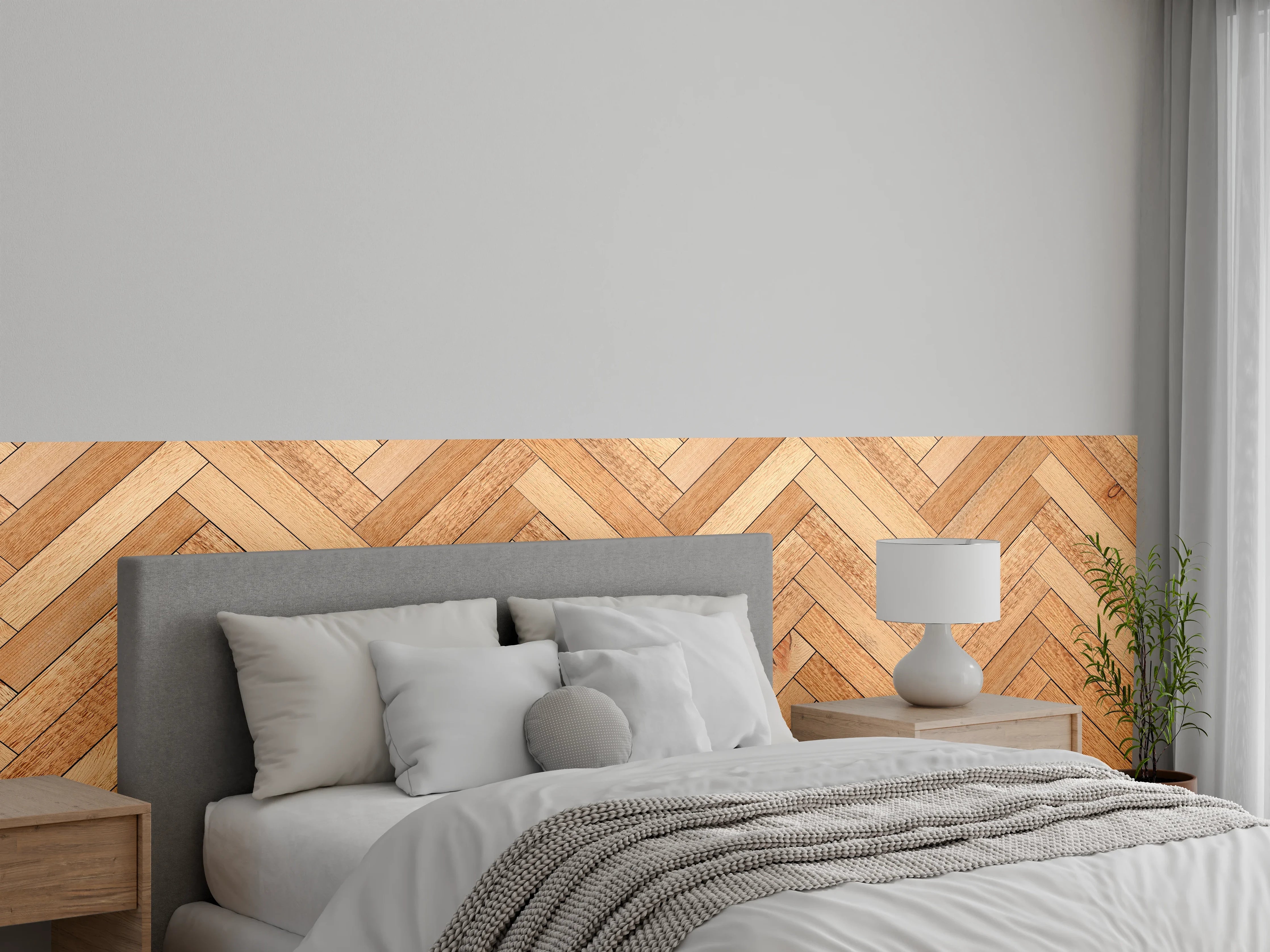 Wandverkleidung Schlafzimmer - Helle Holzparkett mit Chevron-Muster