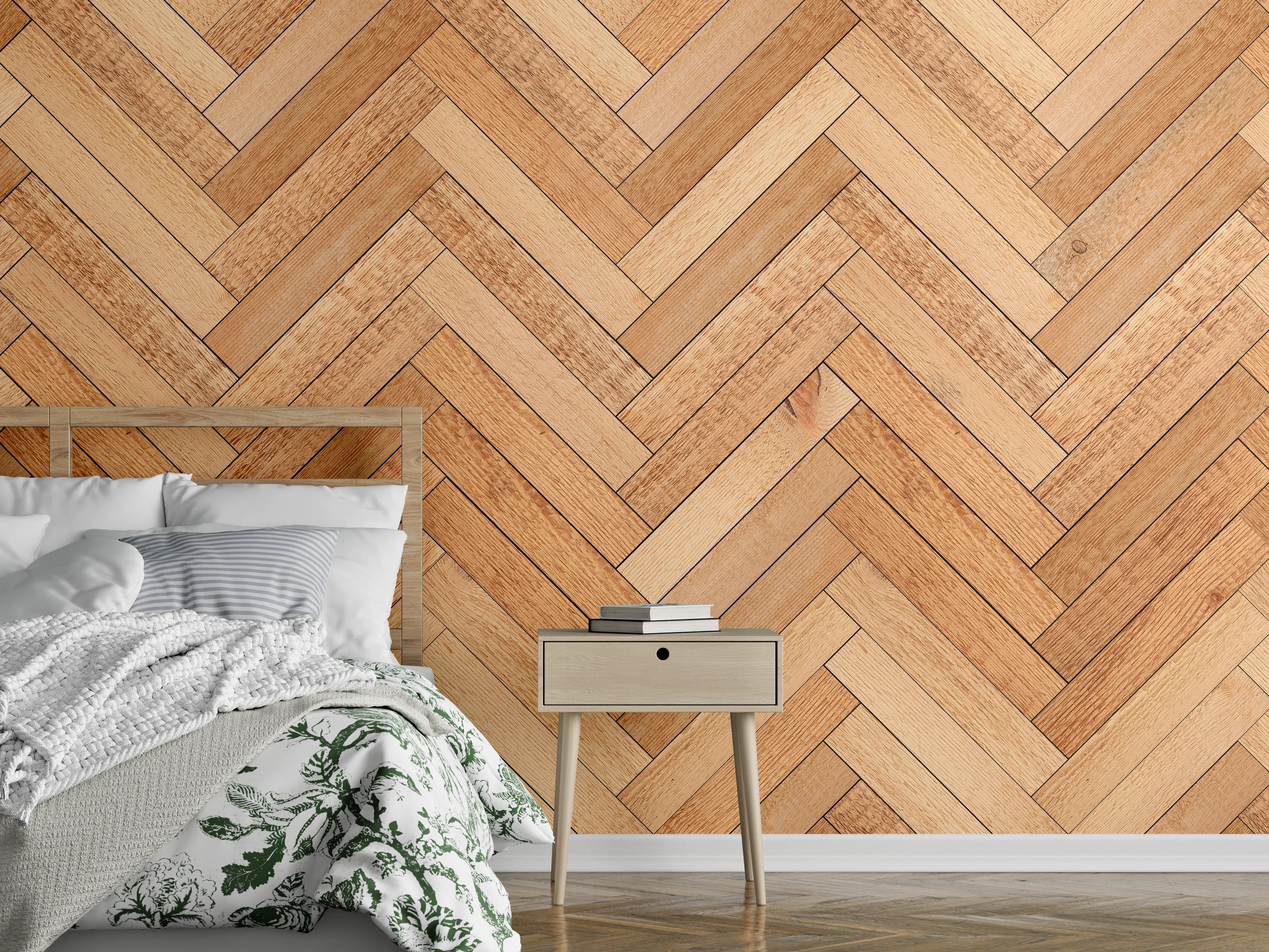 Wandverkleidung Schlafzimmer - Helle Holzparkett mit Chevron-Muster