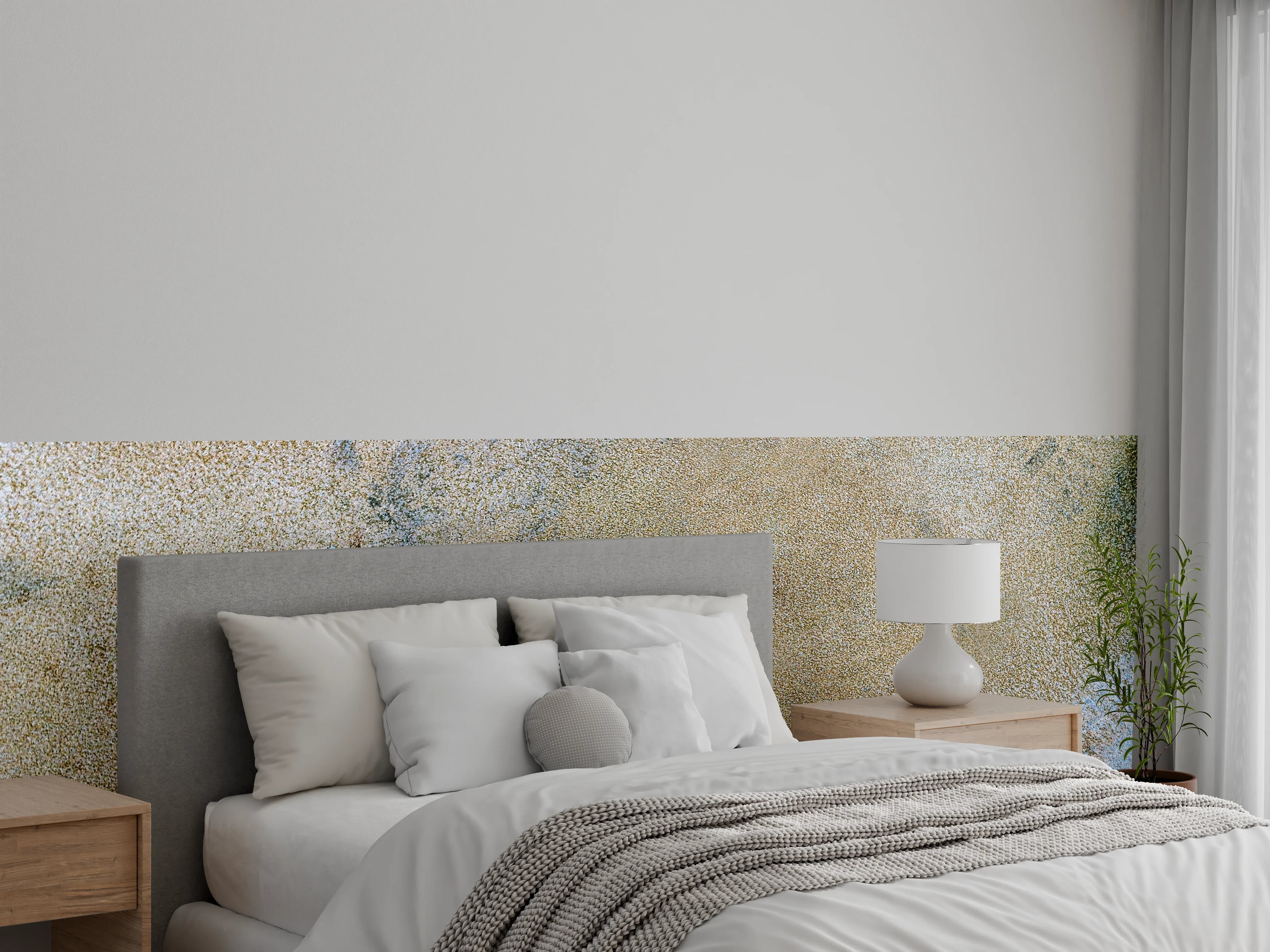 Wandverkleidung Schlafzimmer - Helle Sandsteinoptik mit sanften Linien