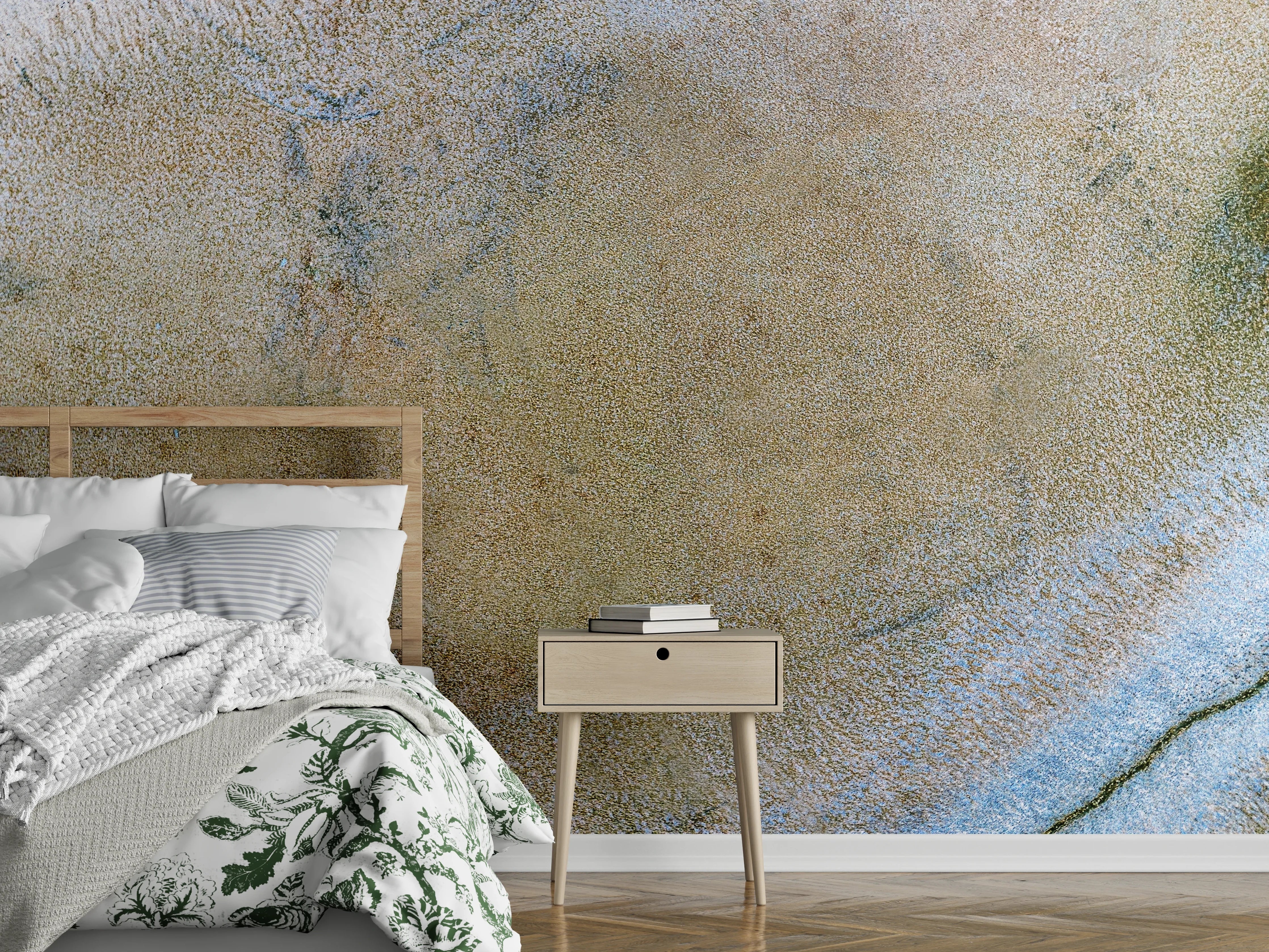 Wandverkleidung Schlafzimmer - Helle Sandsteinoptik mit sanften Linien