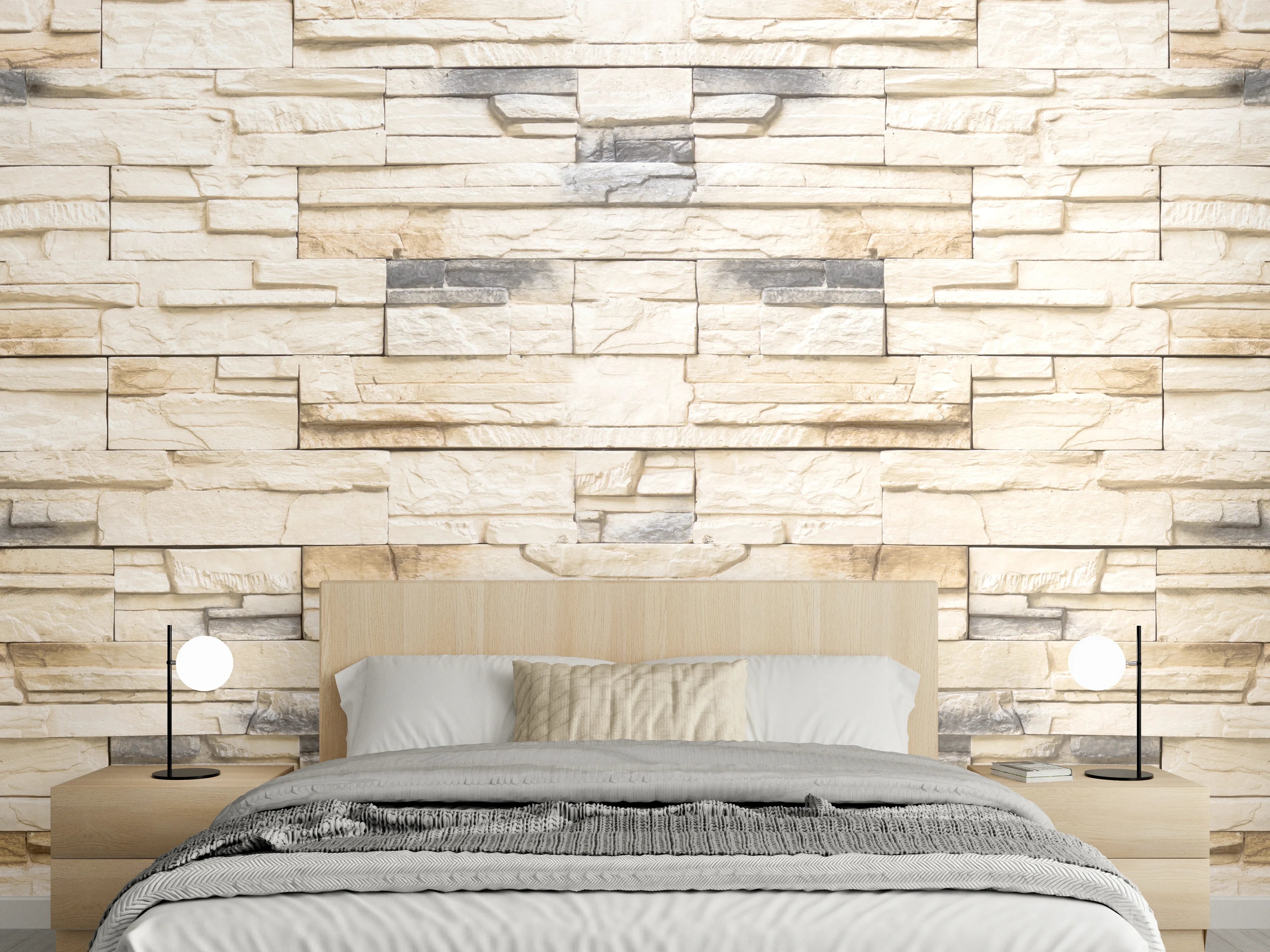 Wandverkleidung Schlafzimmer - Helle Steinwand mit Naturstein-Optik