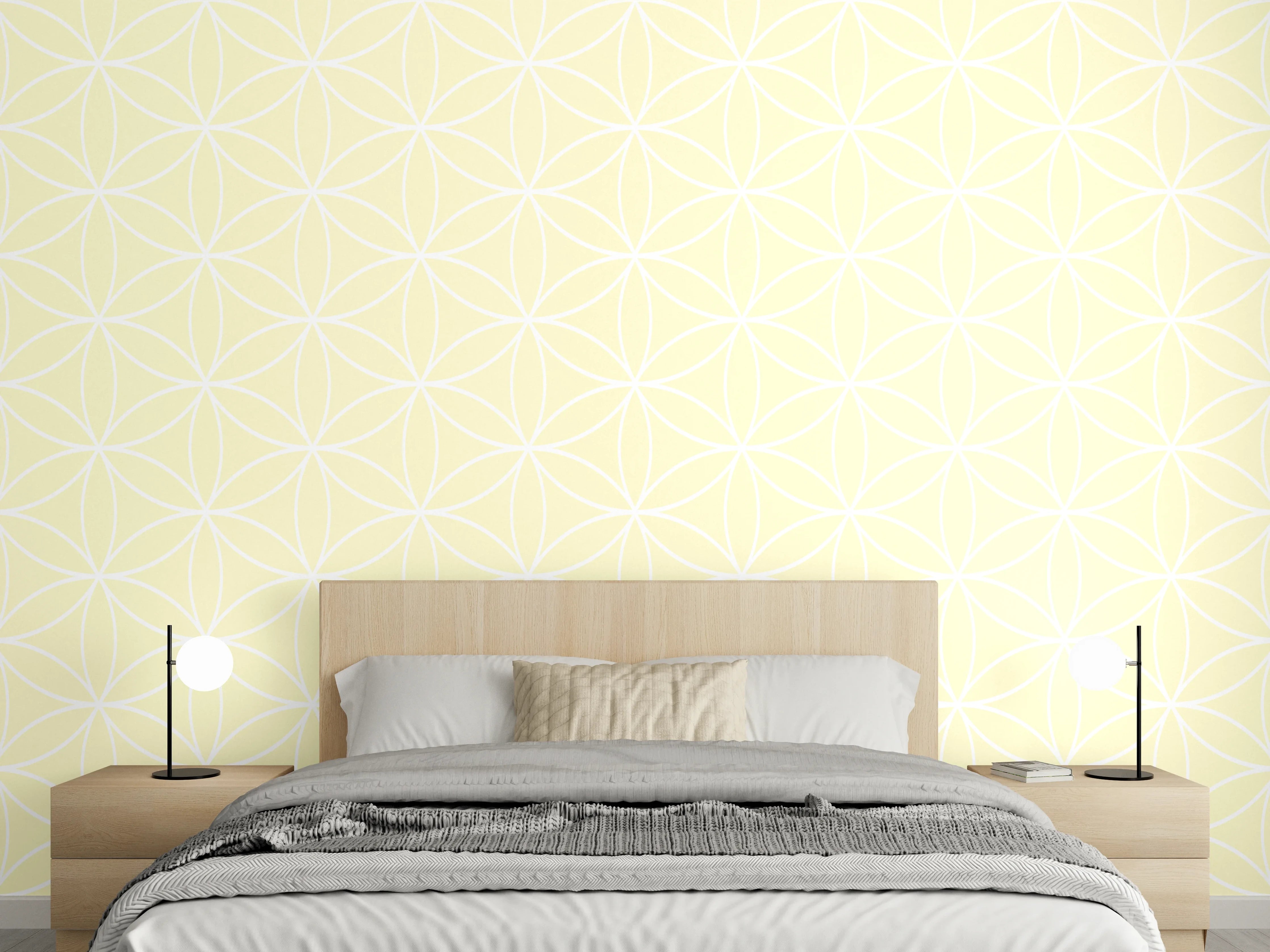 Wandverkleidung Schlafzimmer - Helle, geometrische Tapete in Pastellgelb