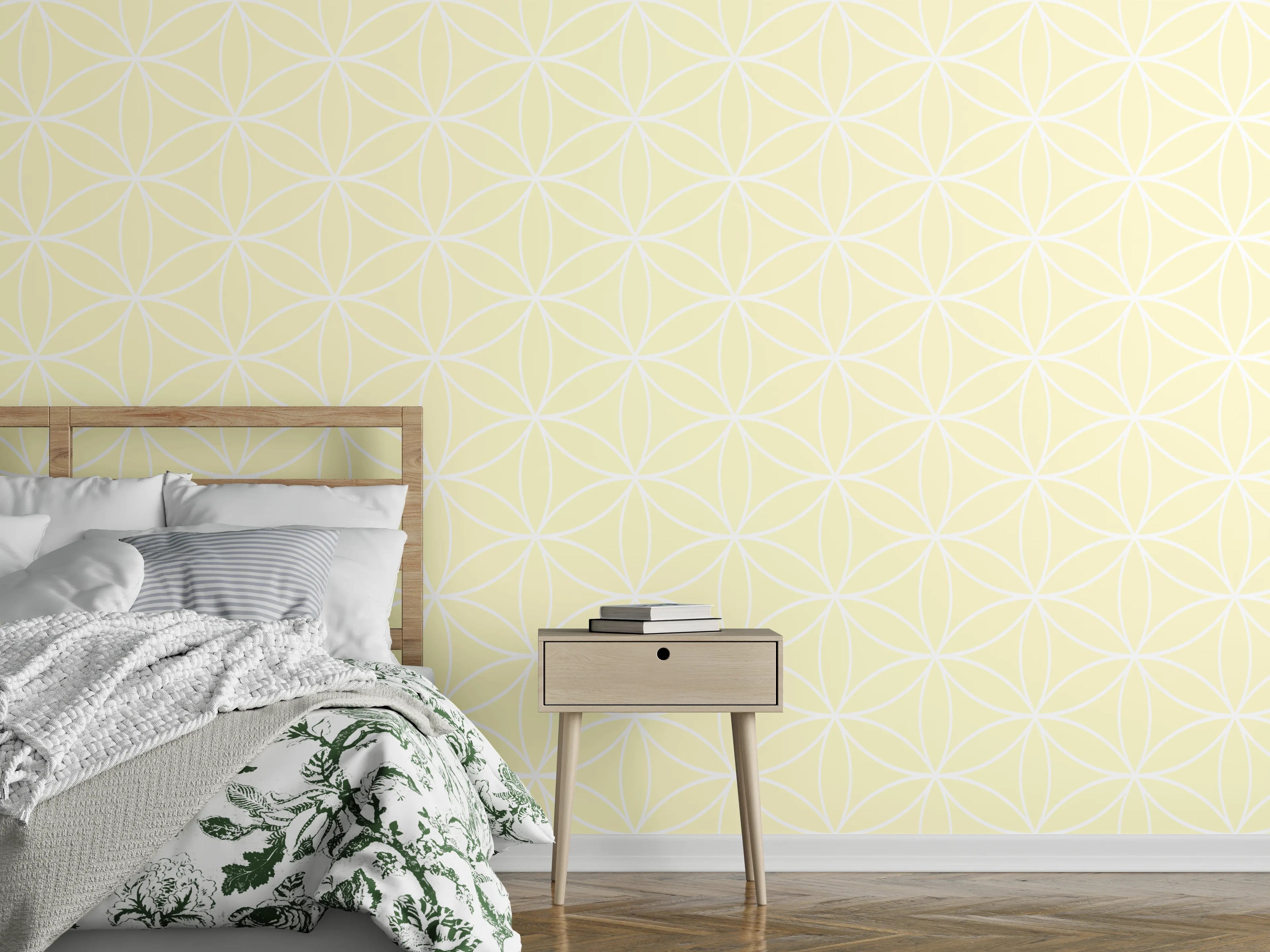 Wandverkleidung Schlafzimmer - Helle, geometrische Tapete in Pastellgelb