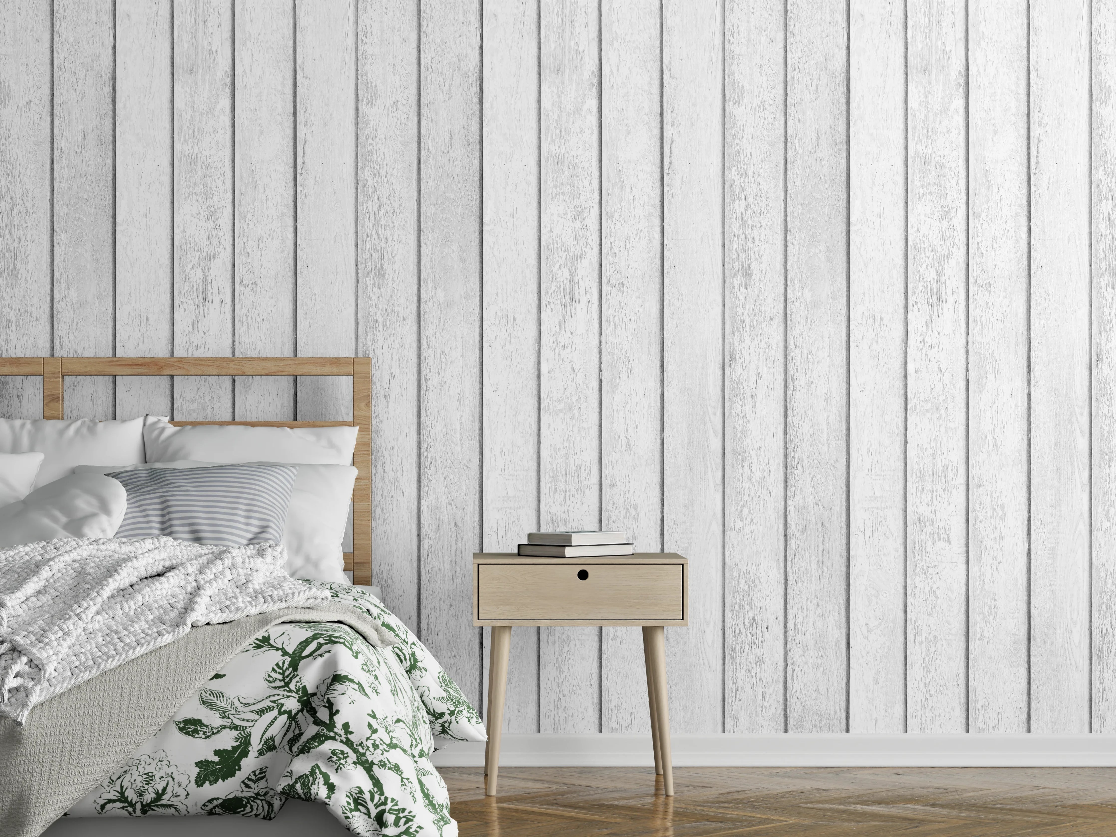 Wandverkleidung Schlafzimmer - Heller Holzvertäfelung mit grauen Nuancen