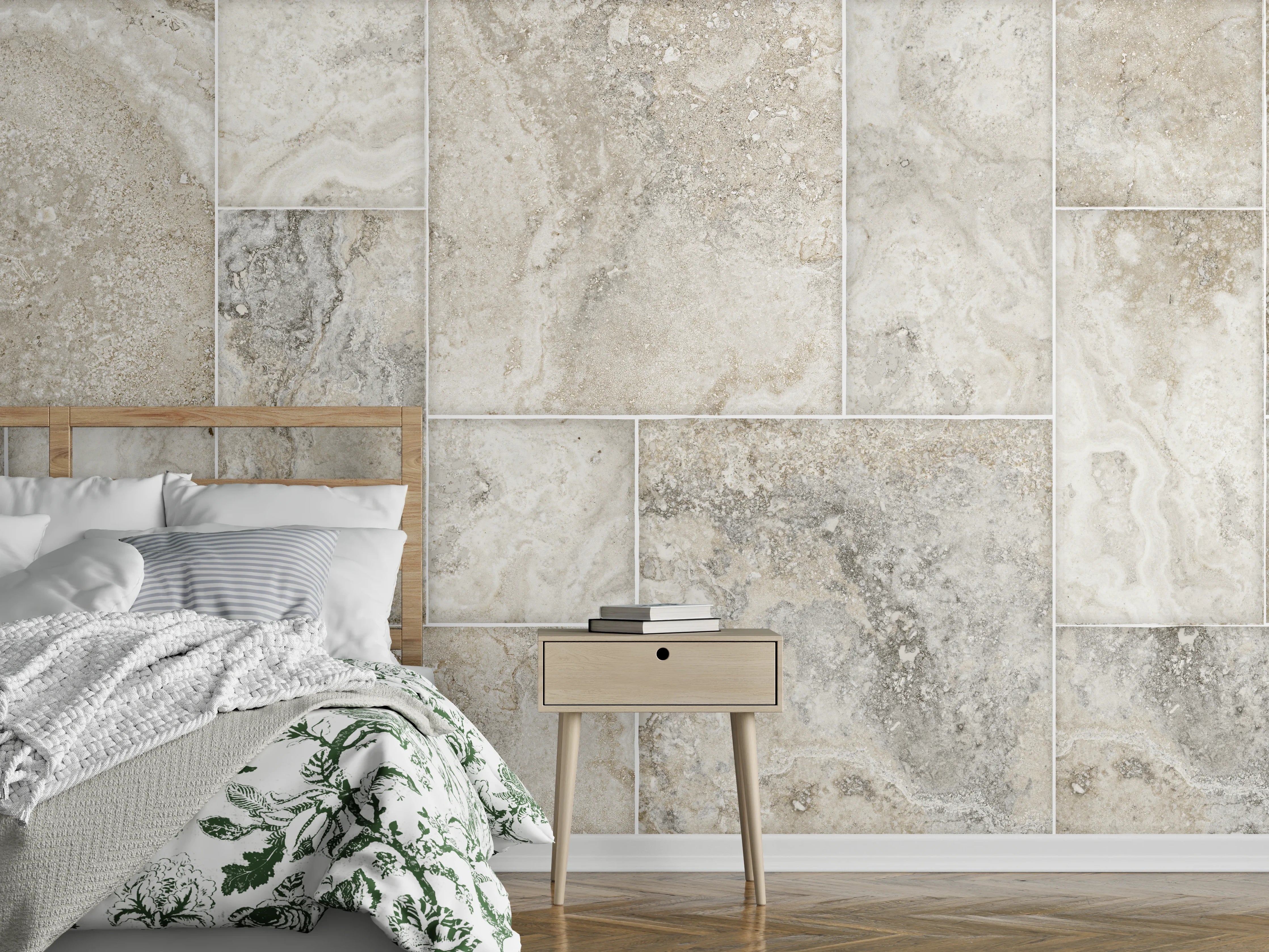 Wandverkleidung Schlafzimmer - Helles Fliesenmuster - Marmor
