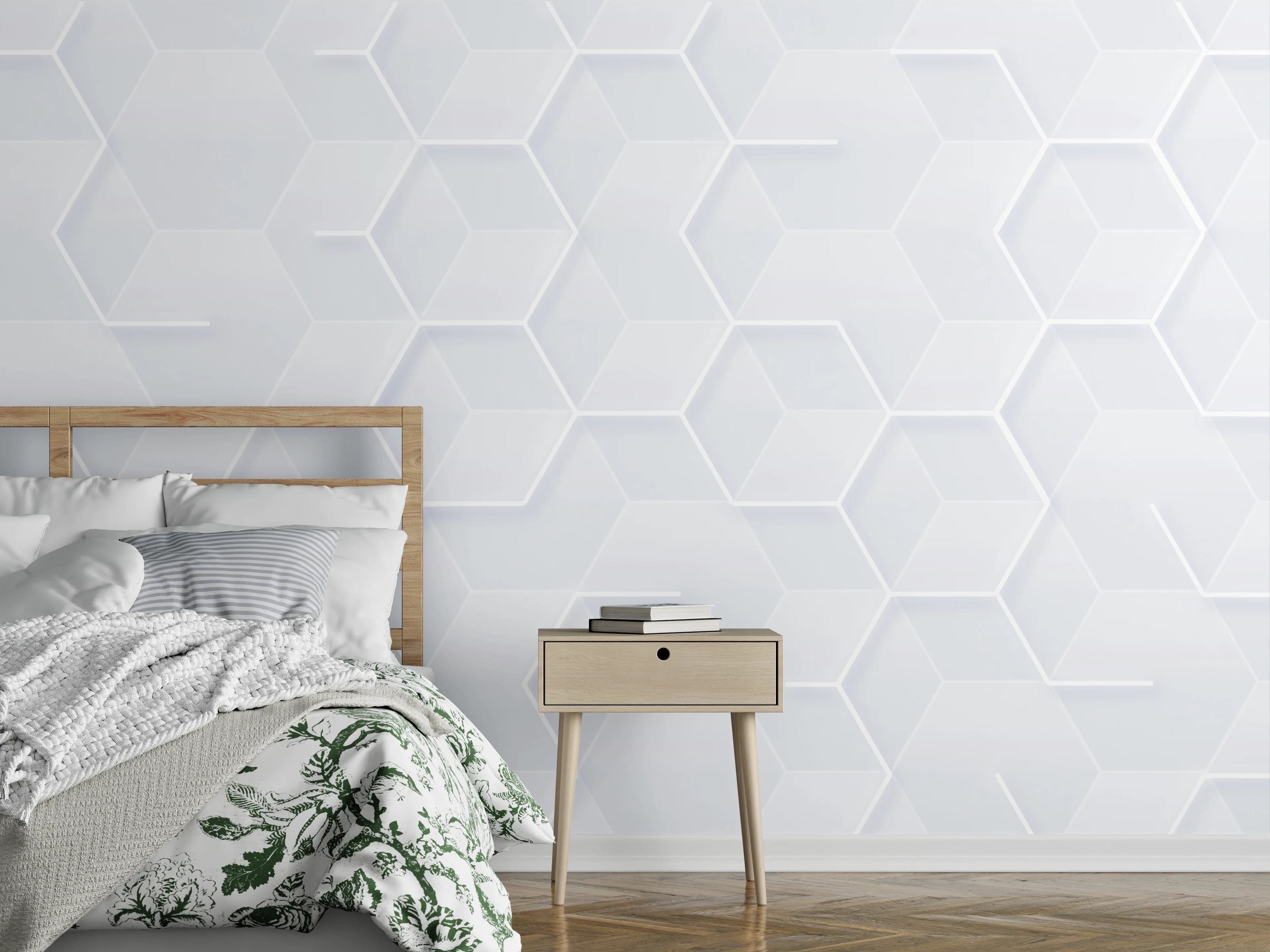 Wandverkleidung Schlafzimmer - Helles Hexagon-Muster in neutralen Tönen