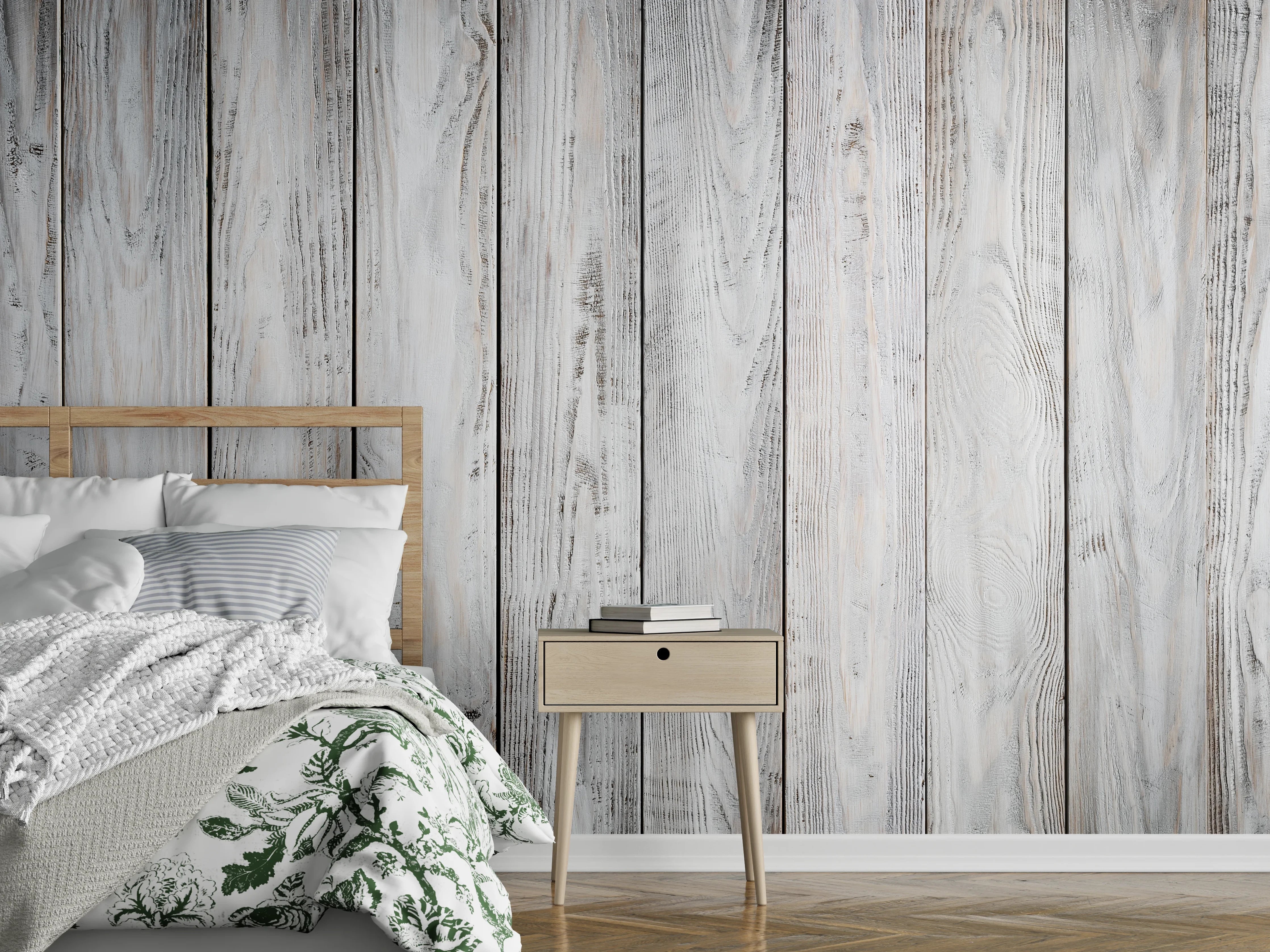 Wandverkleidung Schlafzimmer - Helles Holzpaneel mit weißer Optik