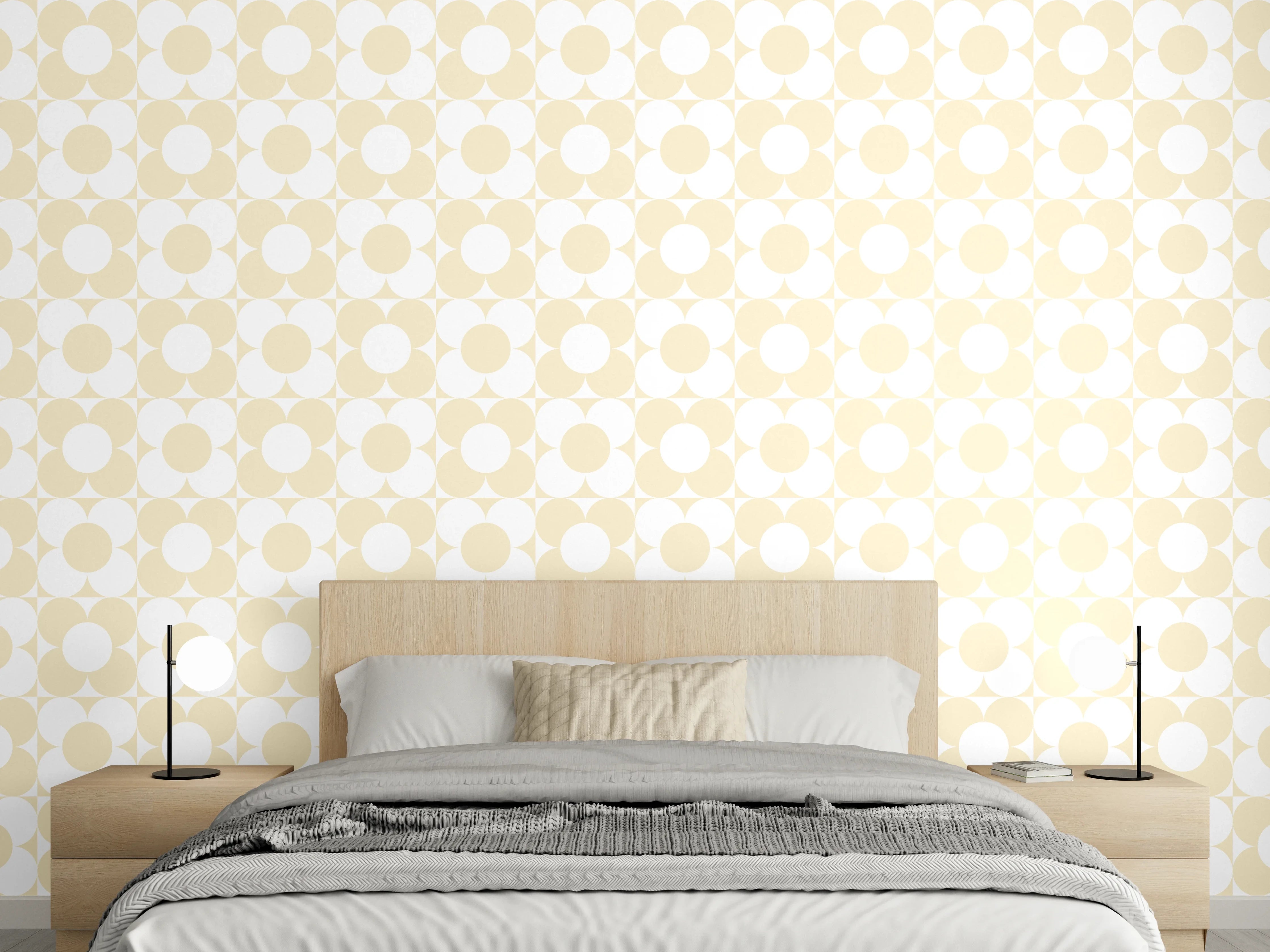 Wandverkleidung Schlafzimmer - Helles Retro-Punkte-Muster beige weiß