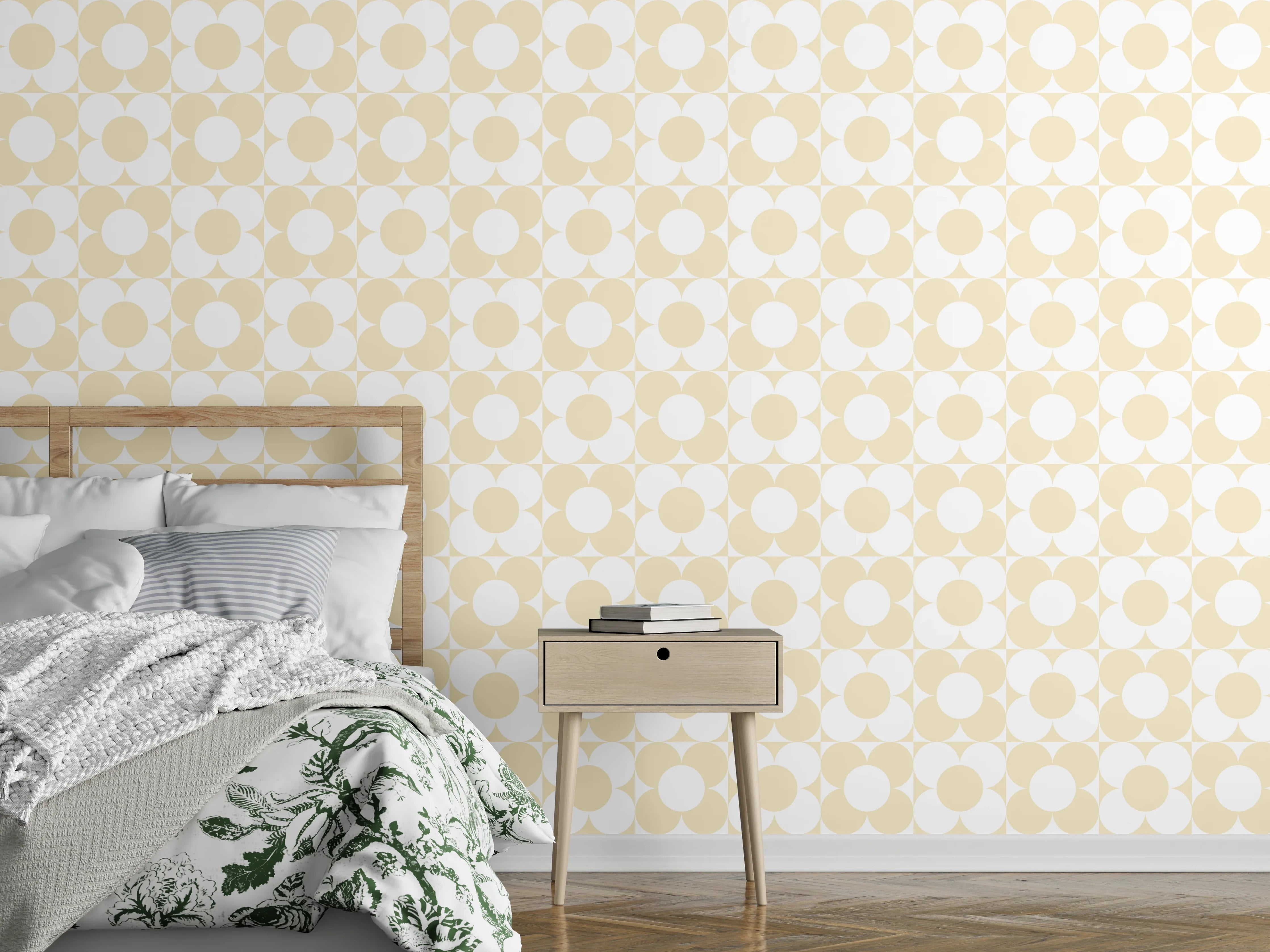 Wandverkleidung Schlafzimmer - Helles Retro-Punkte-Muster beige weiß