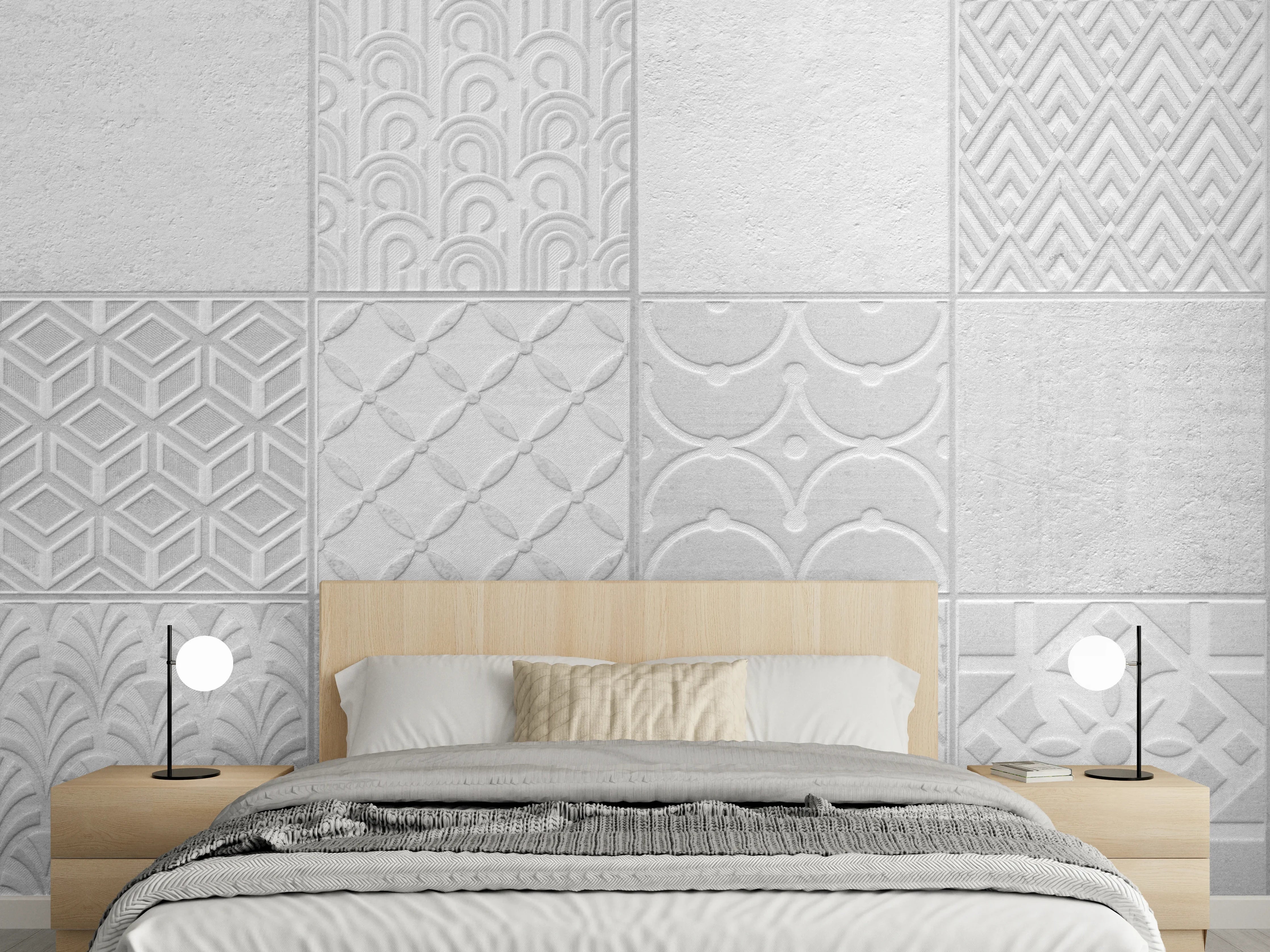 Wandverkleidung Schlafzimmer - Hellgraue quadratische Mosaik