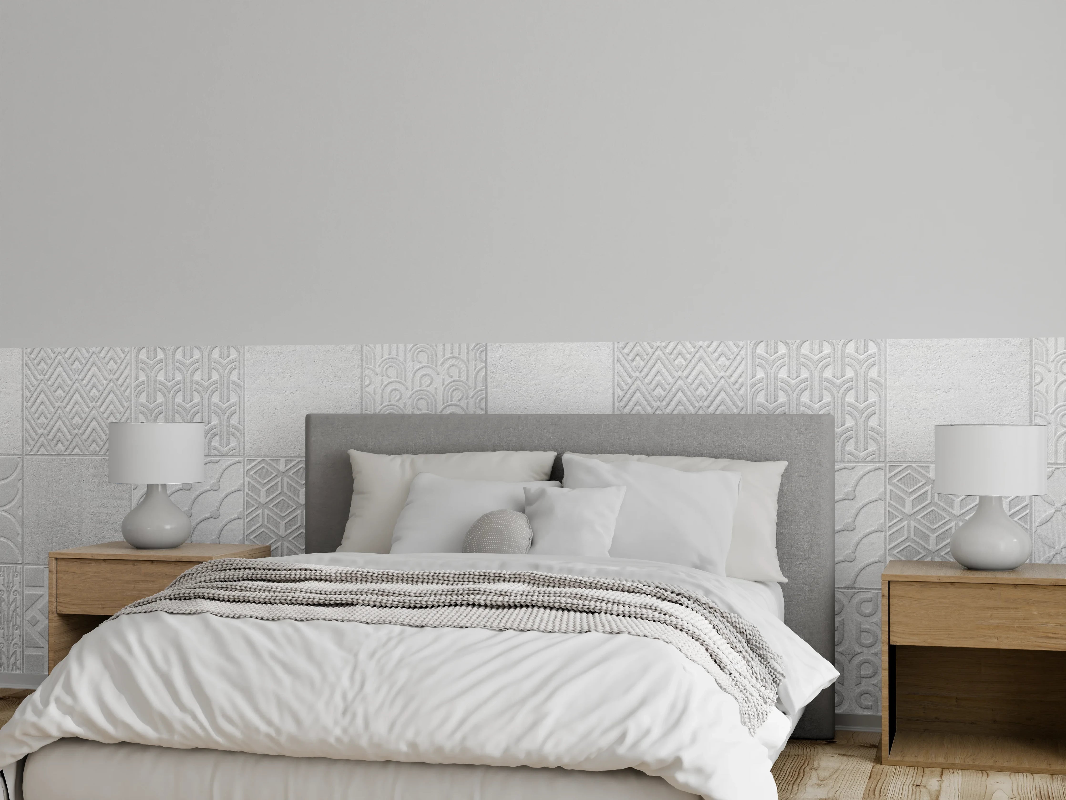Wandverkleidung Schlafzimmer - Hellgraue quadratische Mosaik
